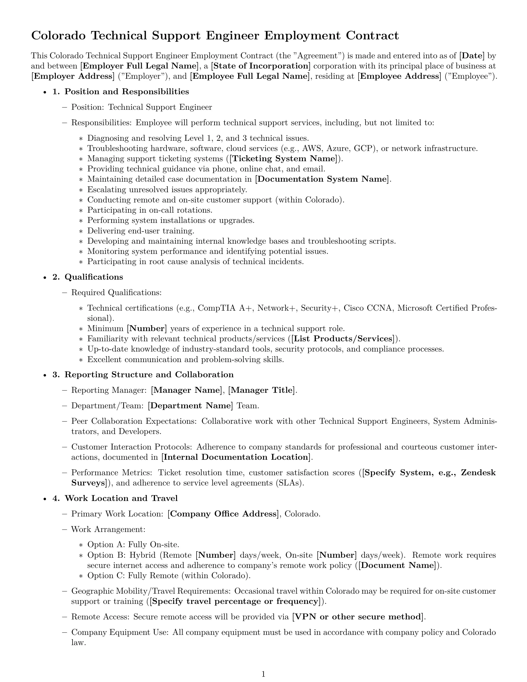 Preview page 1 of Free Colorado technical support engineer employment contract template