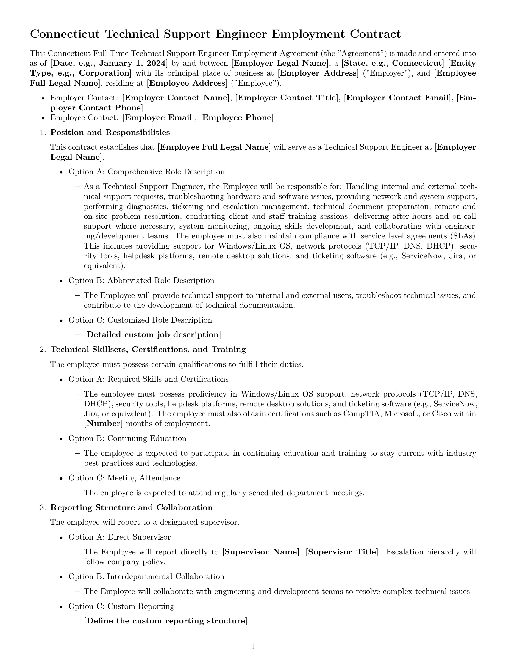 Preview page 1 of Free Connecticut technical support engineer employment contract template