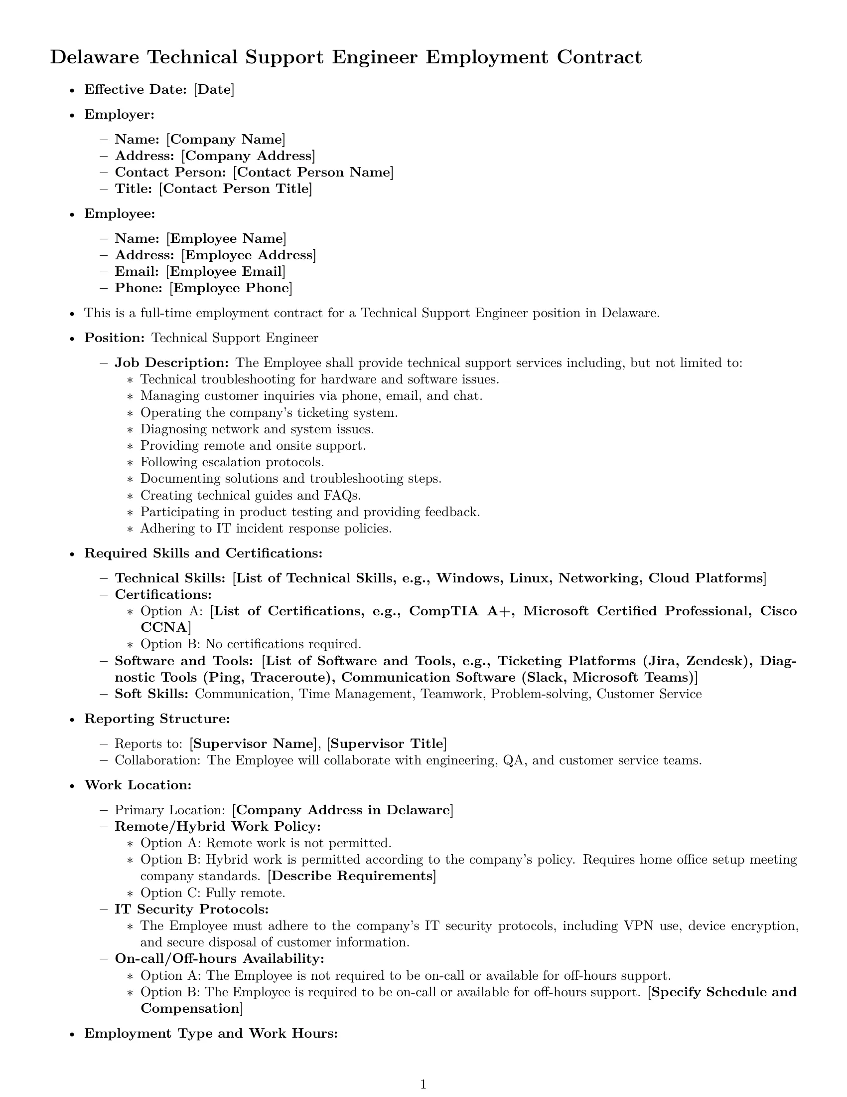 Preview page 1 of Free Delaware technical support engineer employment contract template