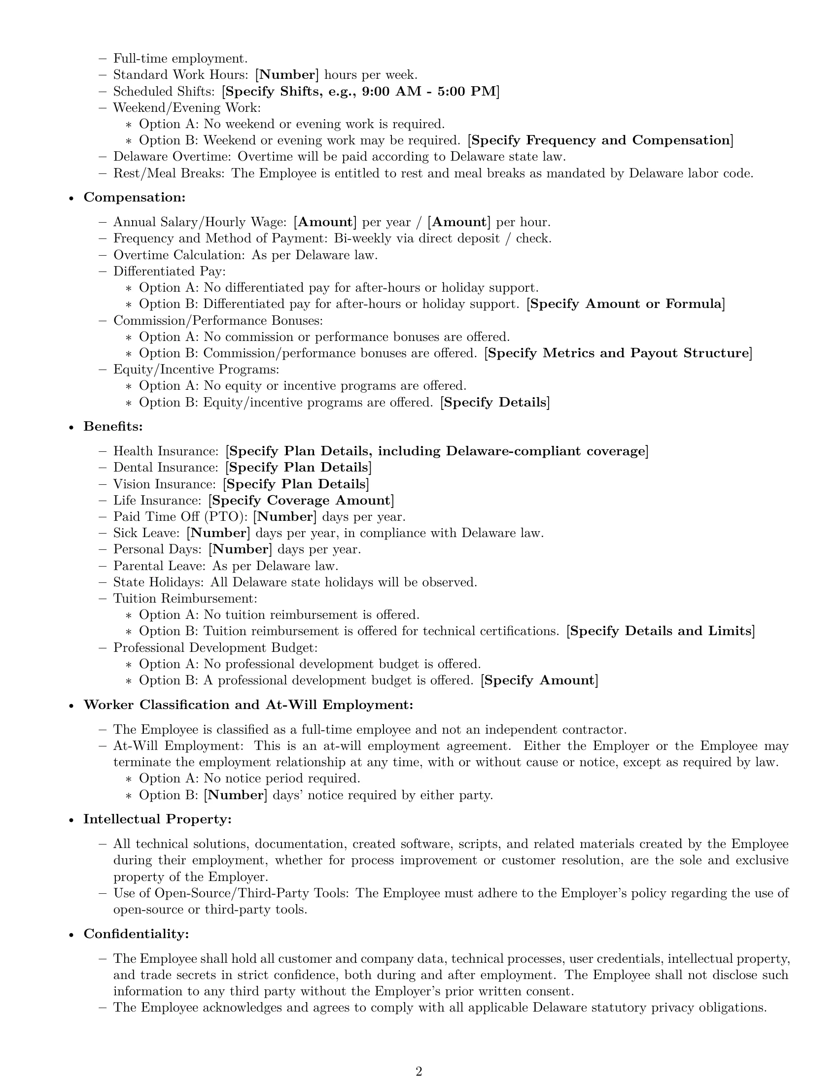 Preview page 2 of Free Delaware technical support engineer employment contract template