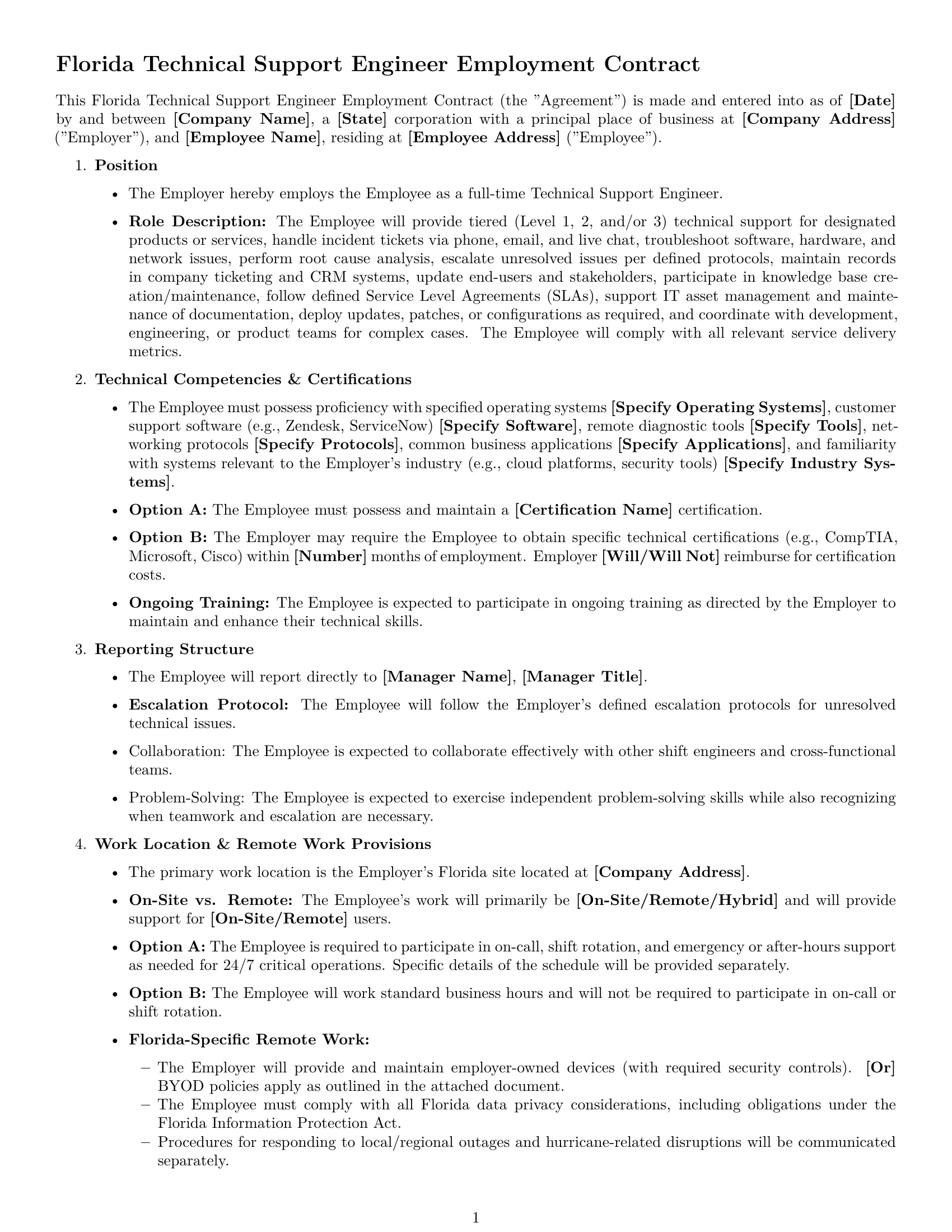 Preview page 1 of Free Florida technical support engineer employment contract template