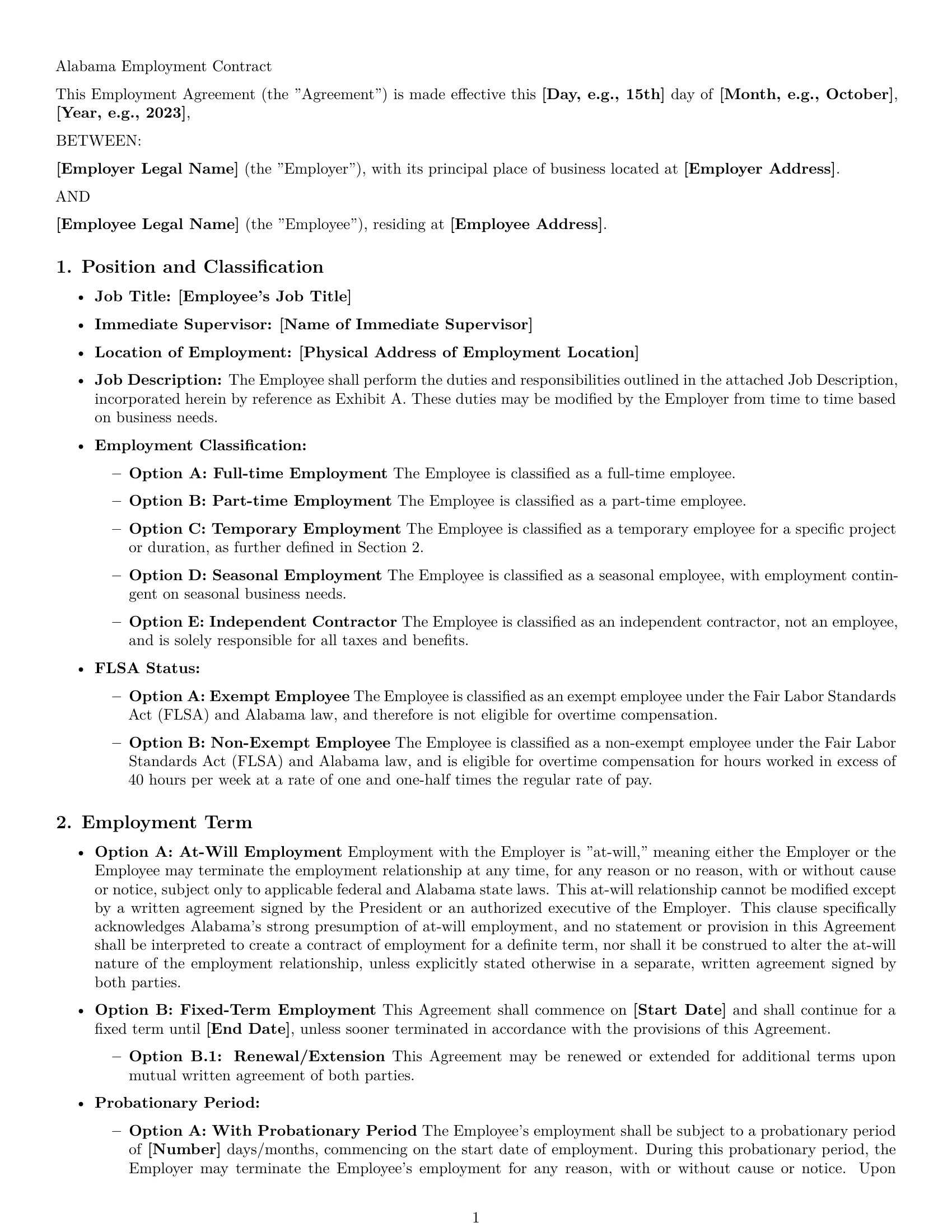 Preview page 1 of Pro Alabama employment contract template
