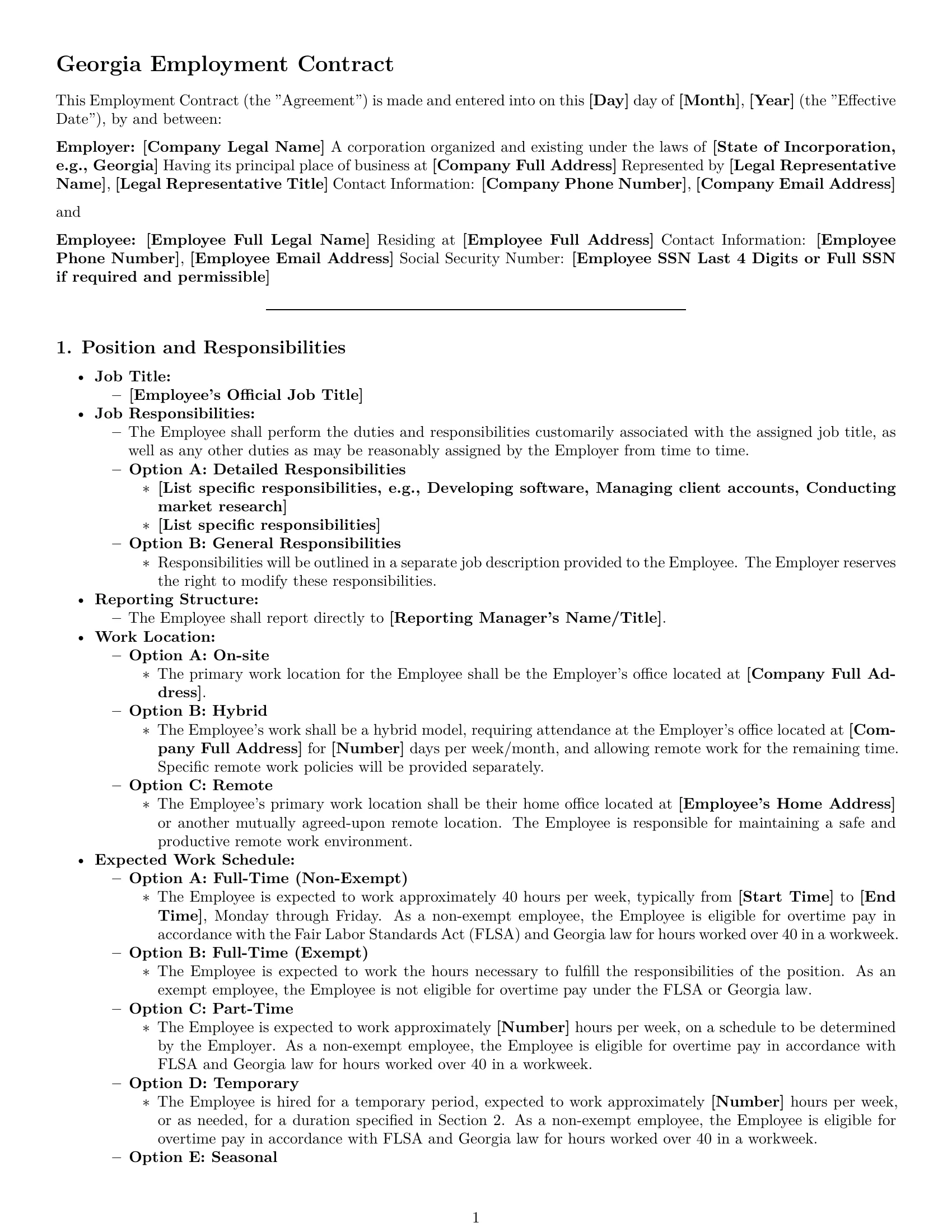 Preview page 1 of Pro Georgia employment contract template