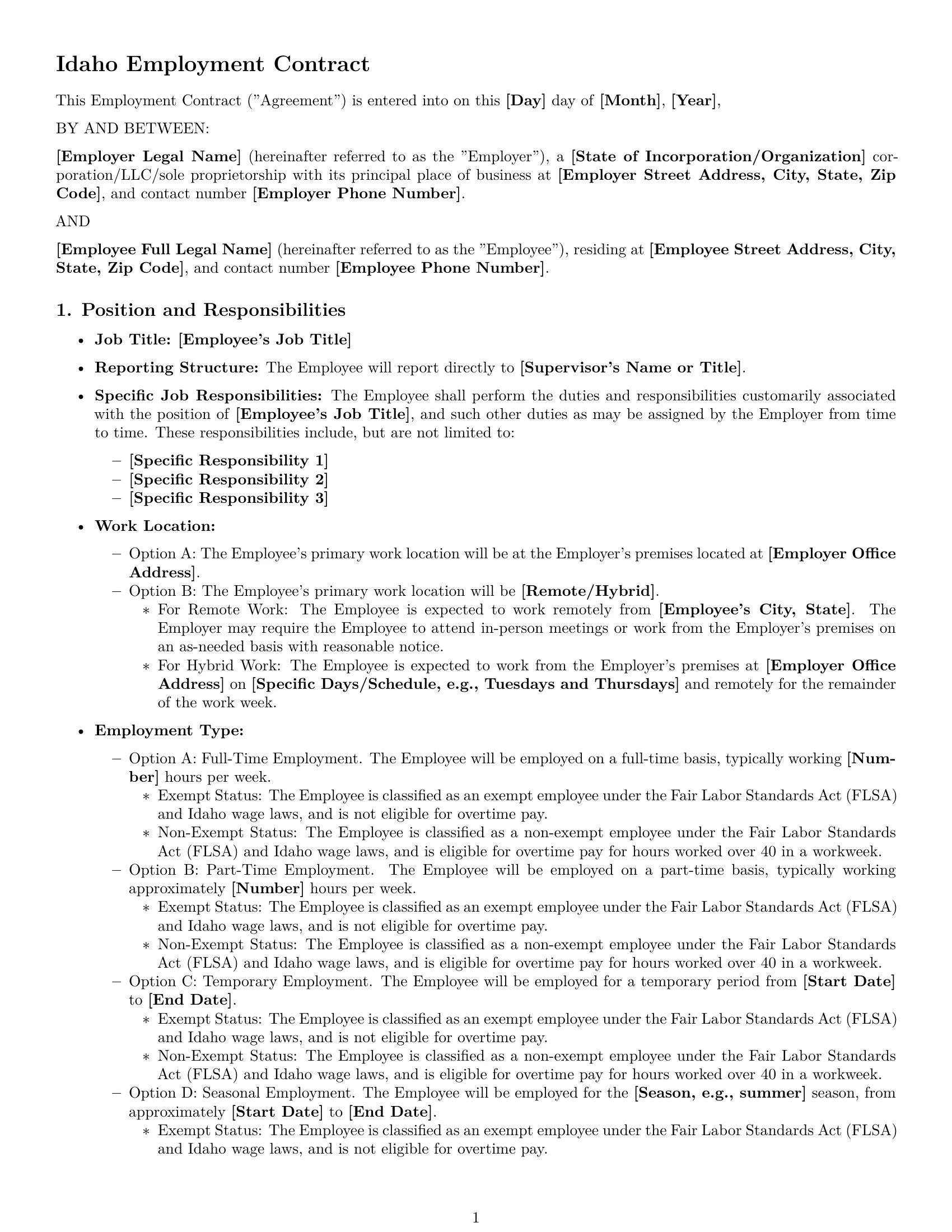 Preview page 1 of Pro Idaho employment contract template