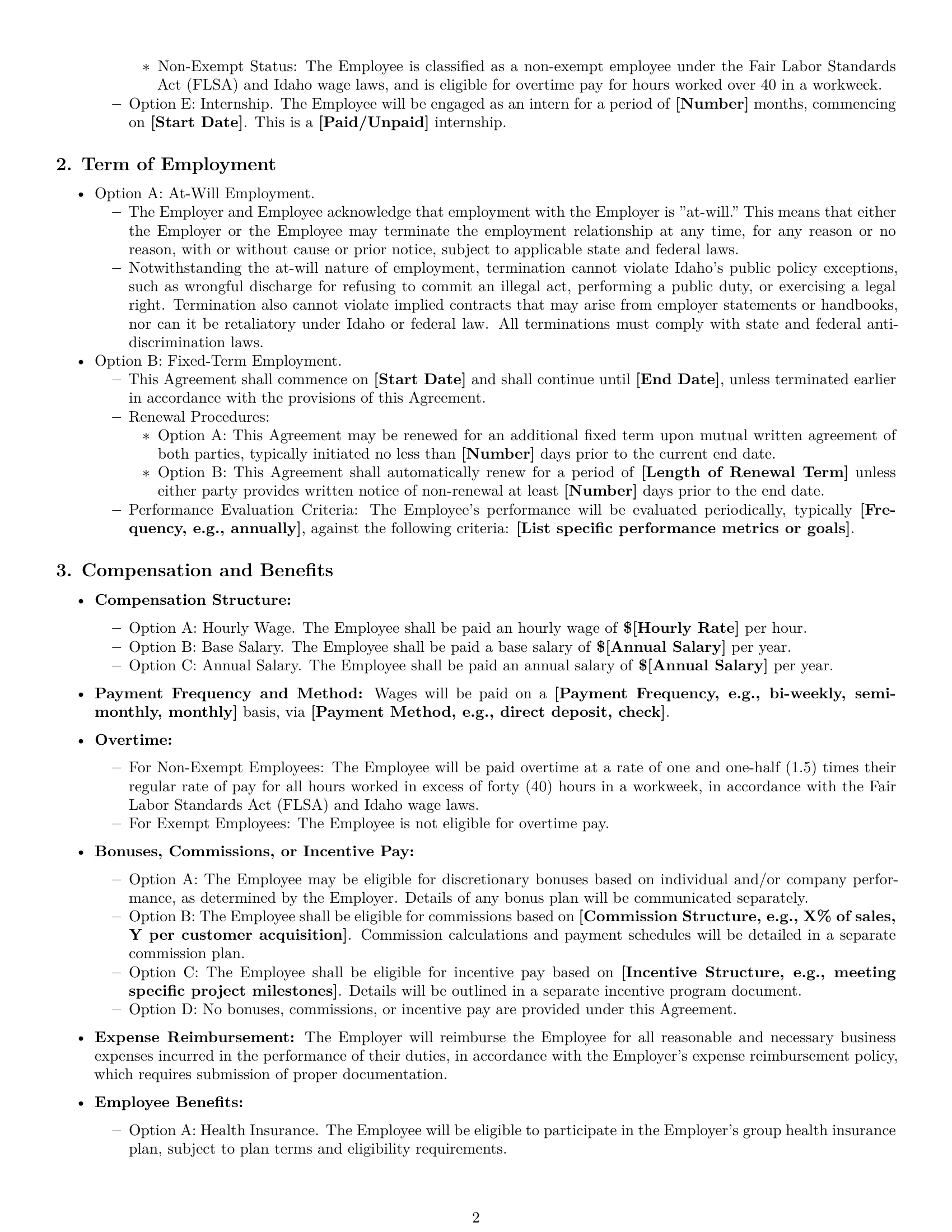 Preview page 2 of Pro Idaho employment contract template