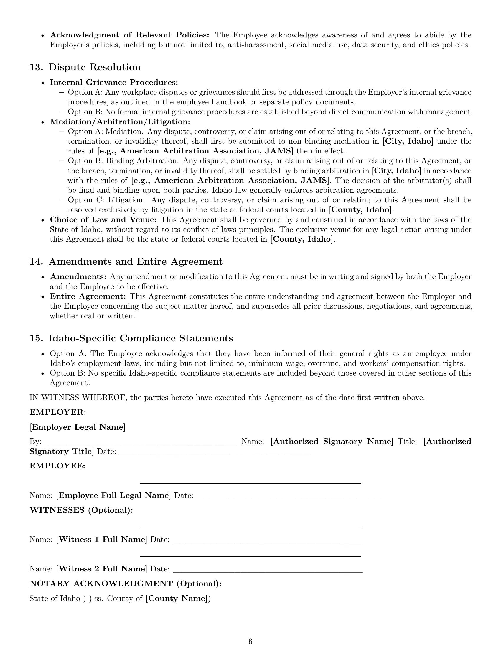 Preview page 6 of Pro Idaho employment contract template