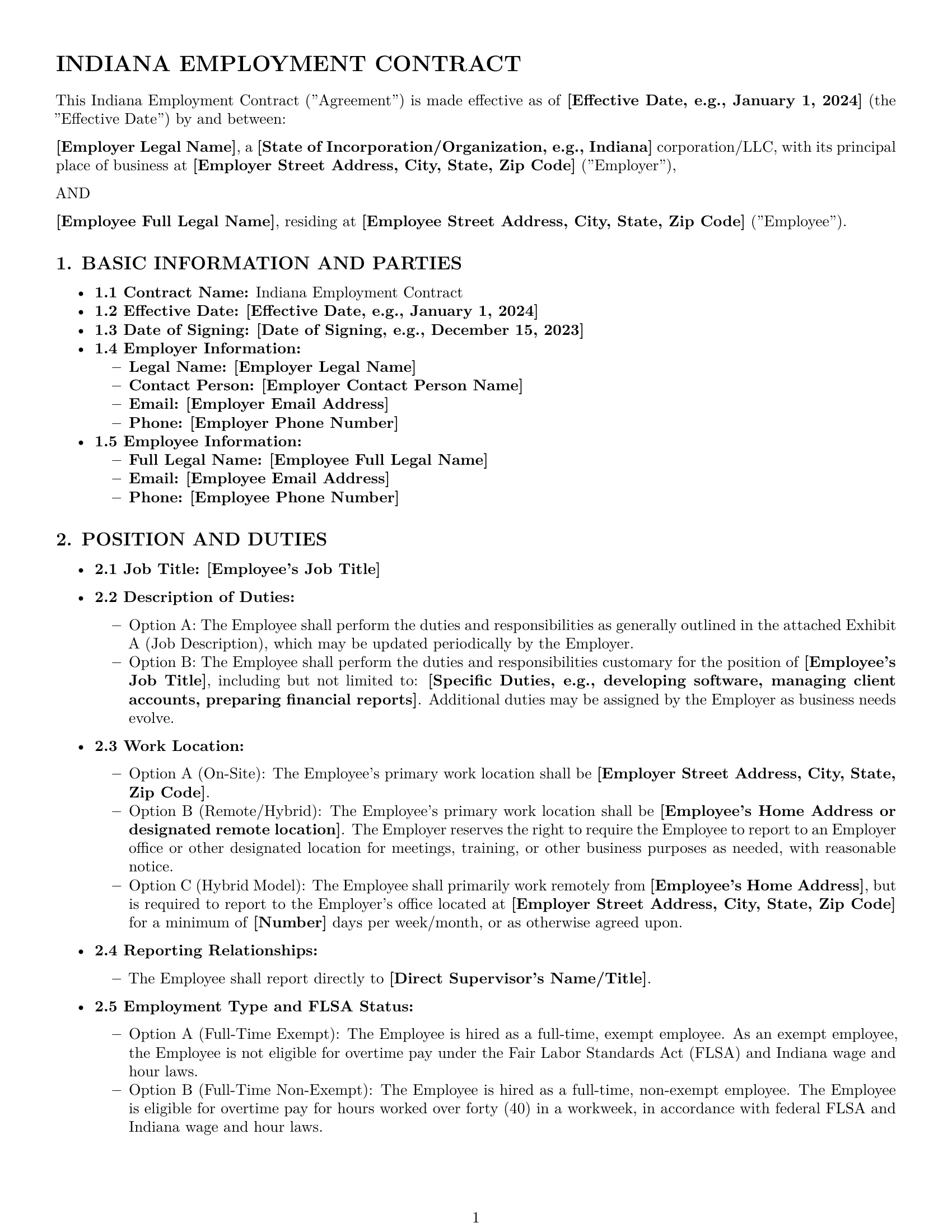 Preview page 1 of Pro Indiana employment contract template