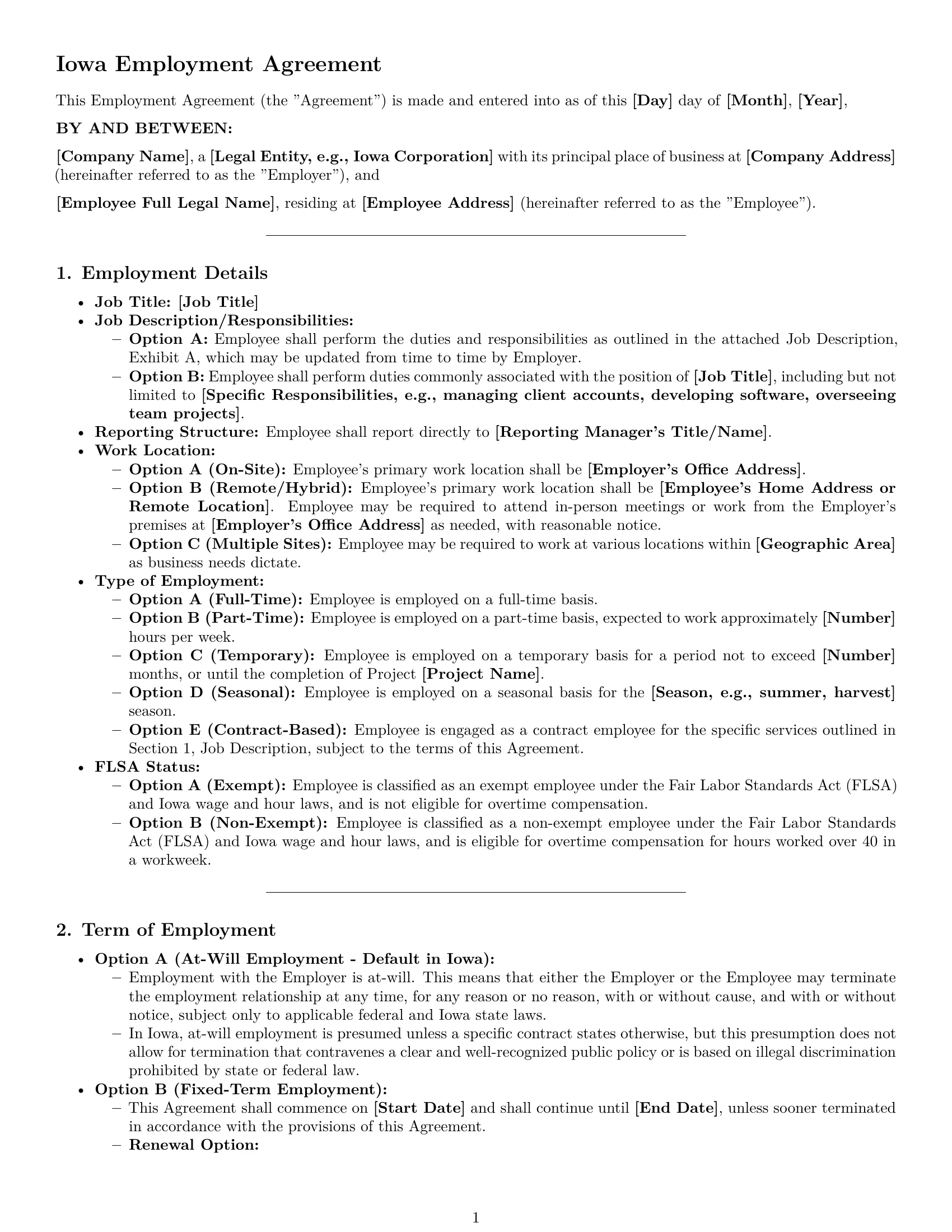 Preview page 1 of Pro Iowa employment contract template