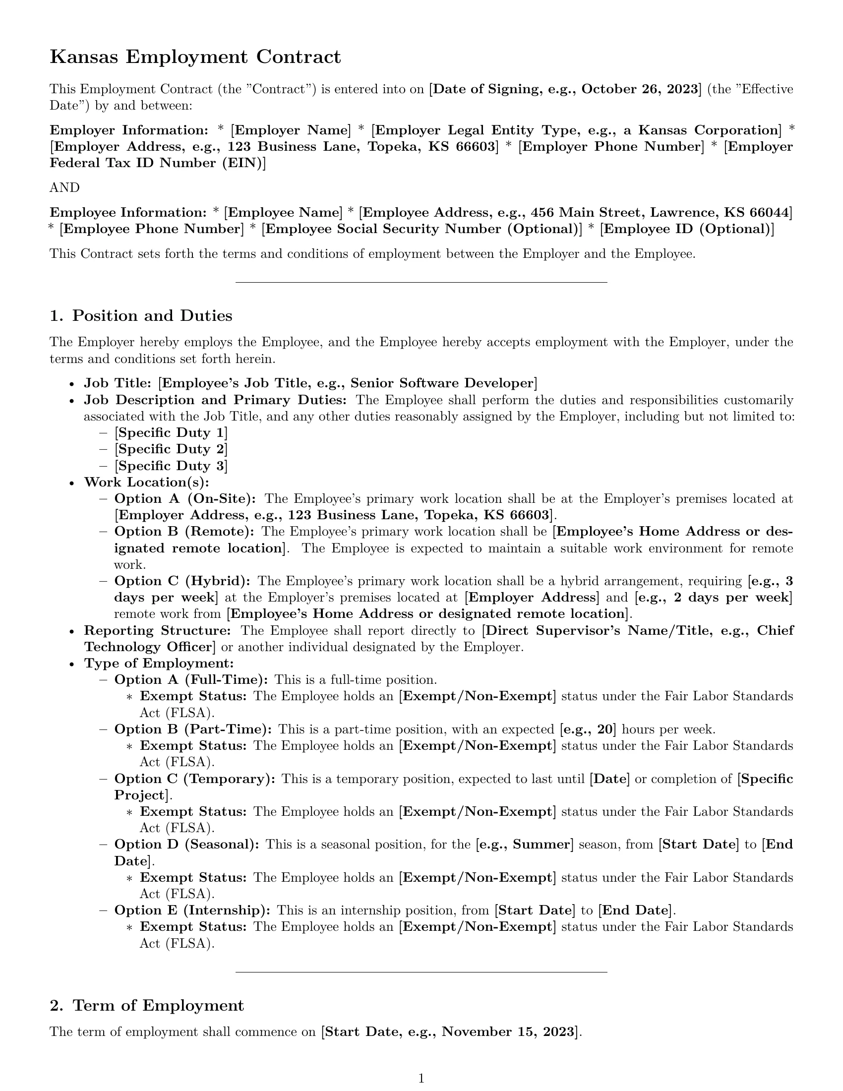 Preview page 1 of Pro Kansas employment contract template
