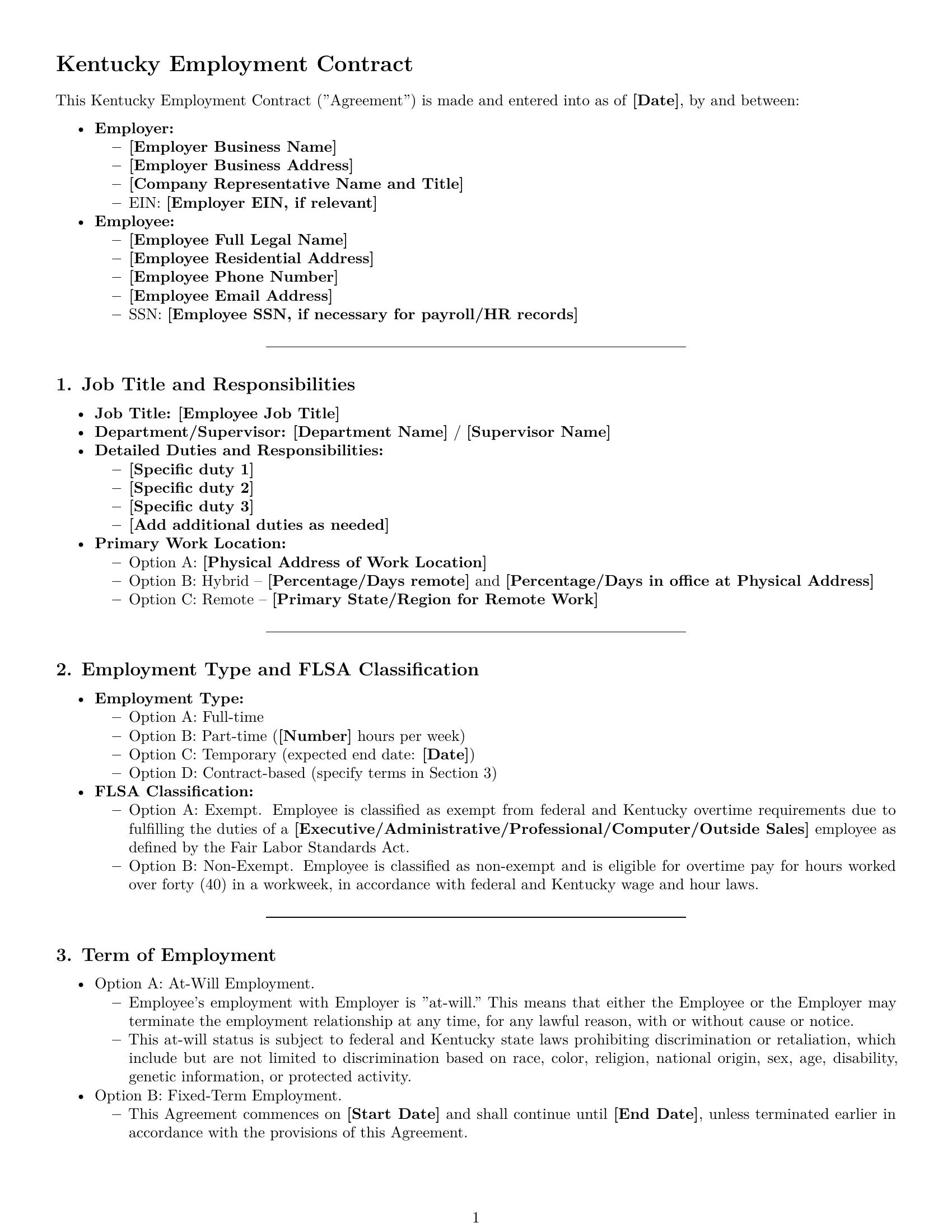 Preview page 1 of Pro Kentucky employment contract template