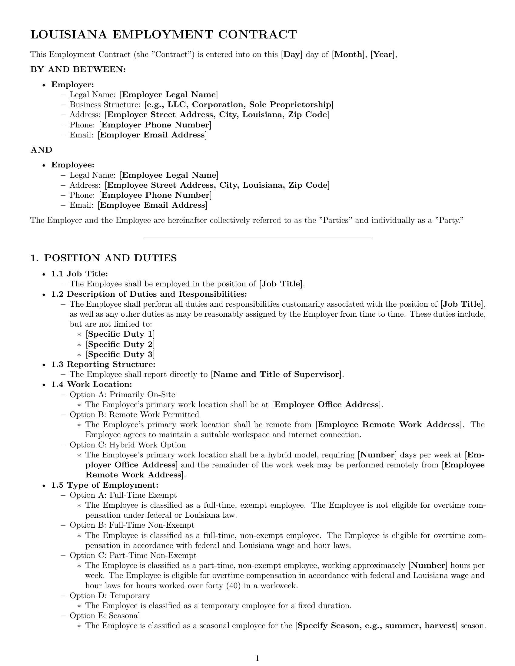 Preview page 1 of Pro Louisiana employment contract template