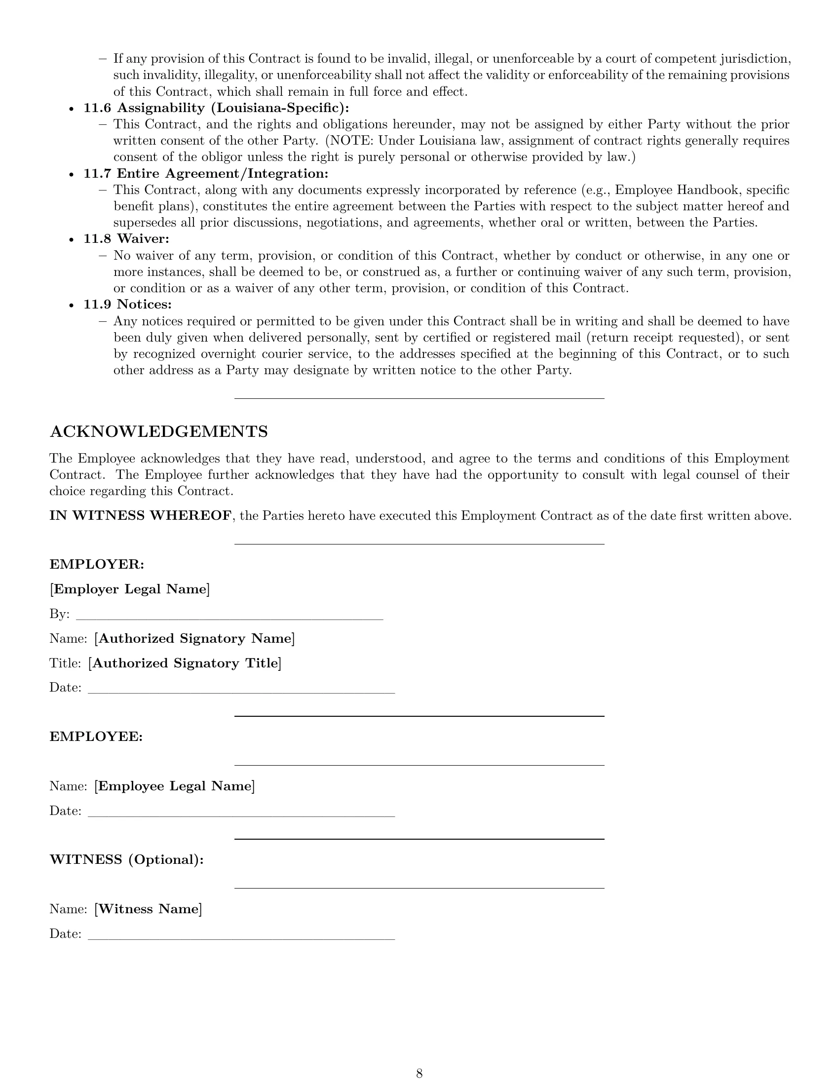 Preview page 8 of Pro Louisiana employment contract template