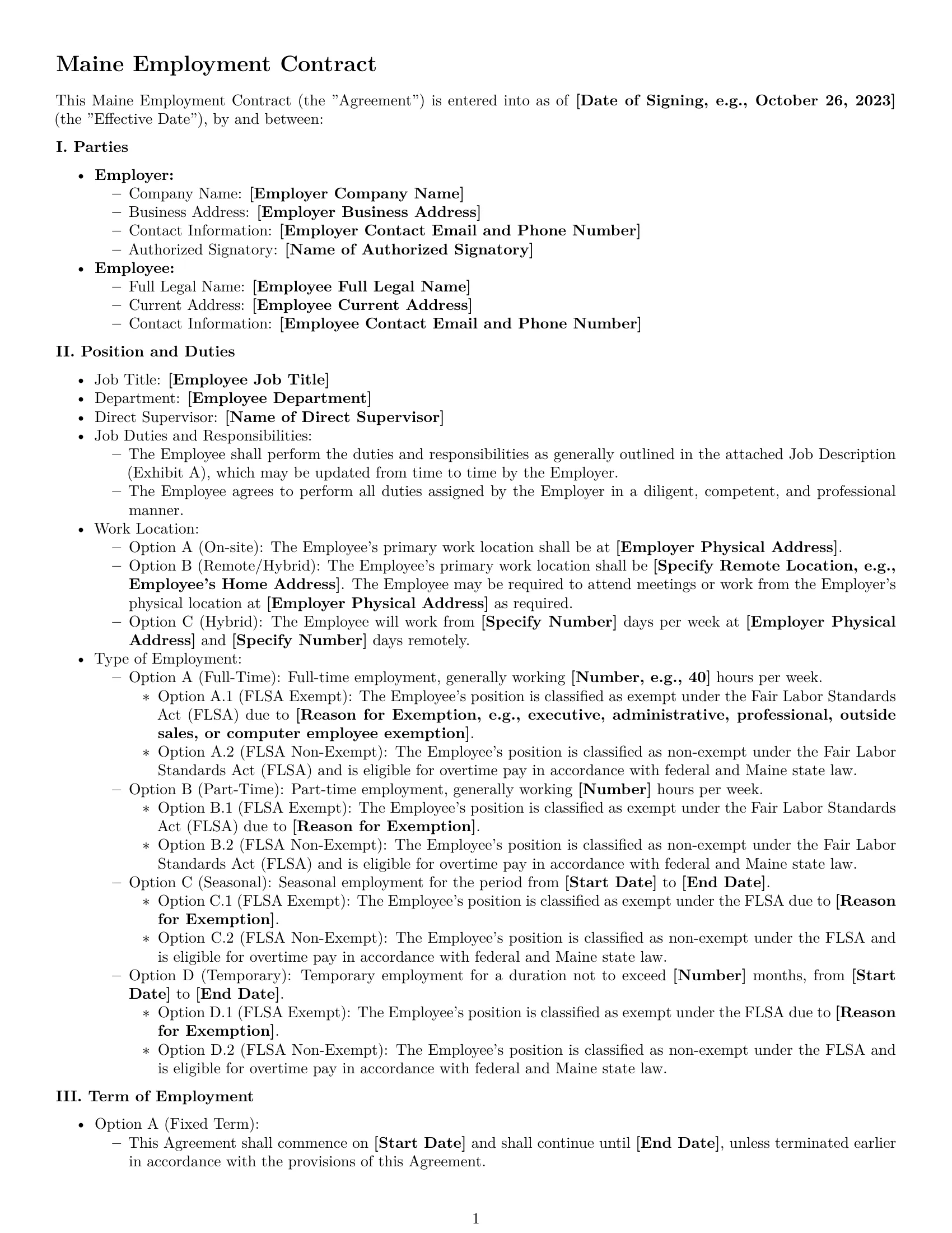 Preview page 1 of Pro Maine employment contract template