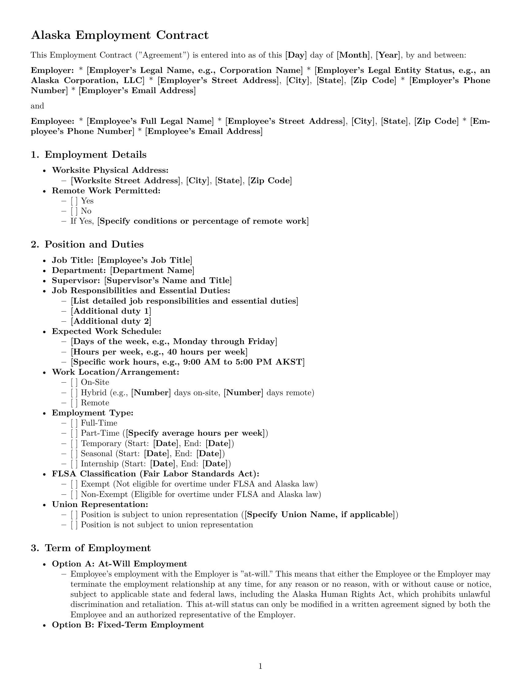 Preview page 1 of Pro Alaska employment contract template