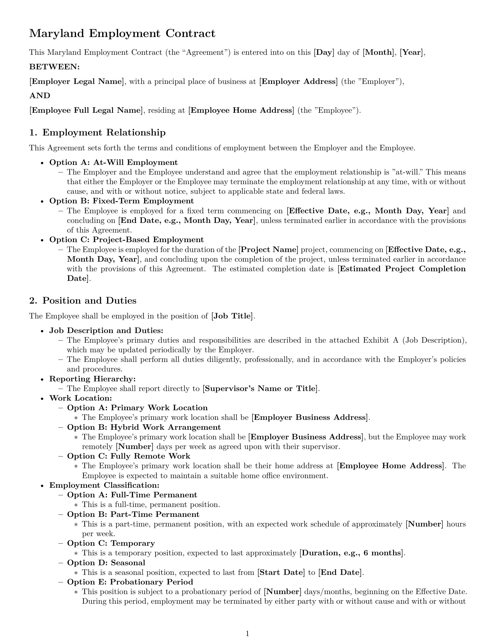 Preview page 1 of Pro Maryland employment contract template