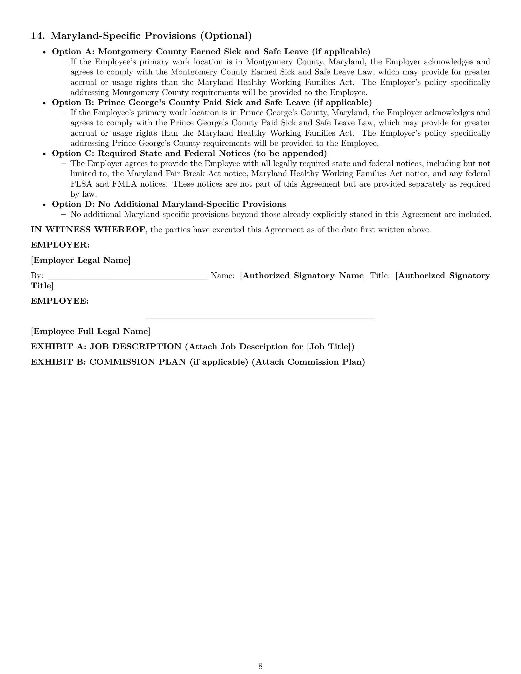 Preview page 8 of Pro Maryland employment contract template