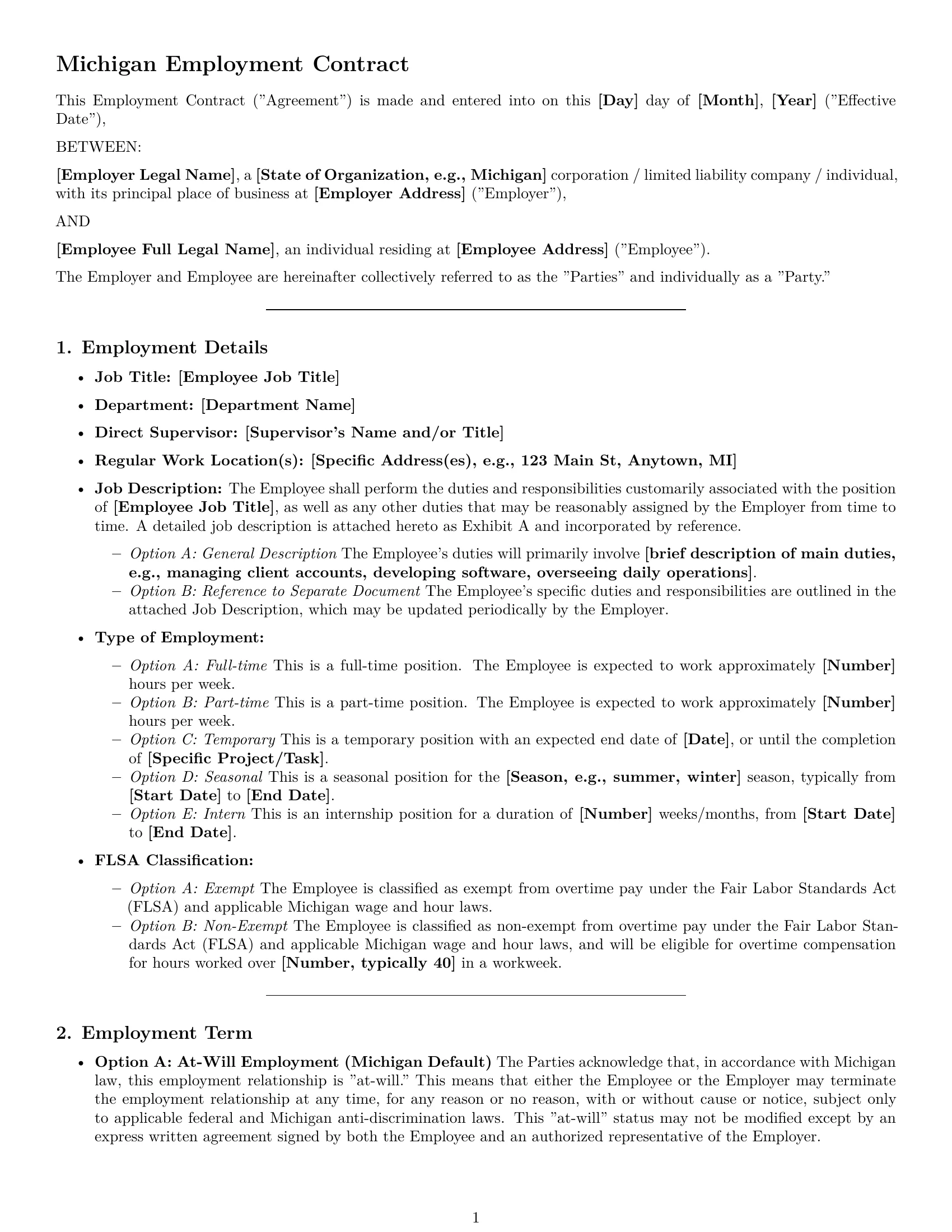 Preview page 1 of Pro Michigan employment contract template