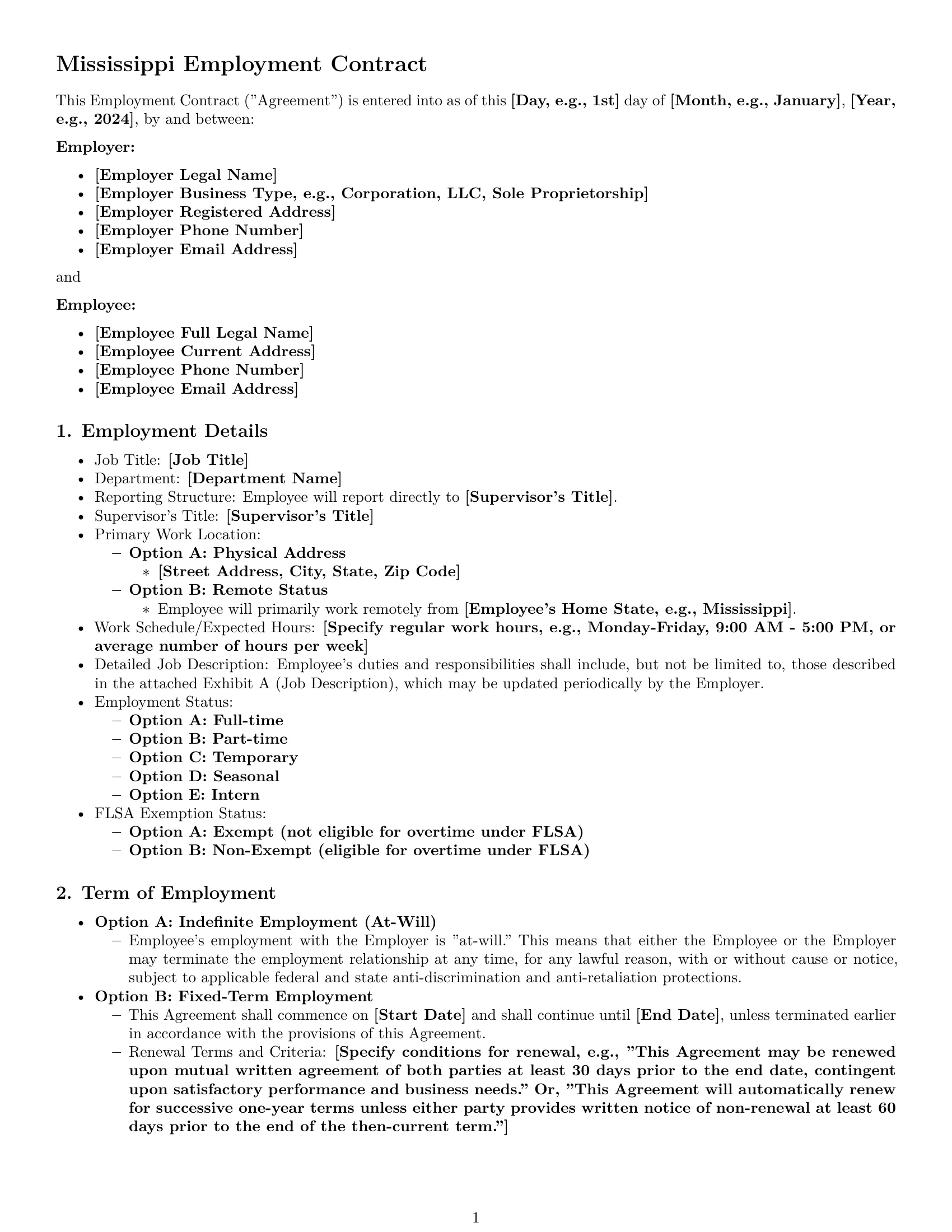 Preview page 1 of Pro Mississippi employment contract template