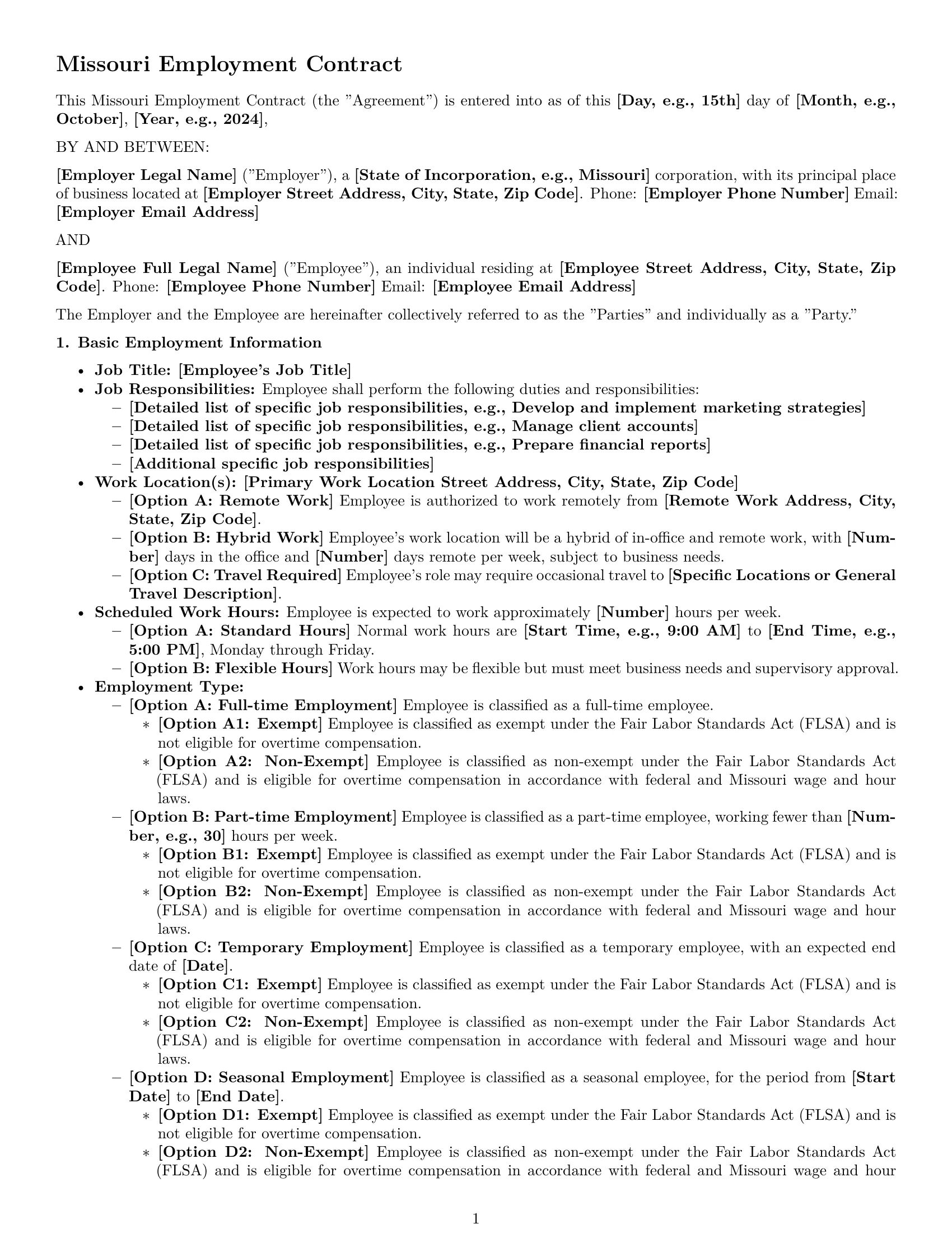 Preview page 1 of Pro Missouri employment contract template