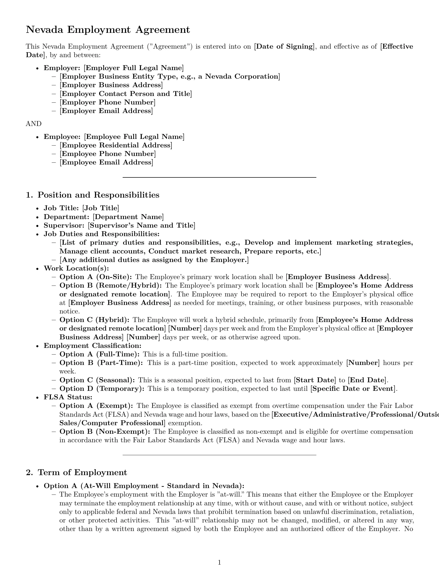 Preview page 1 of Pro Nevada employment contract template