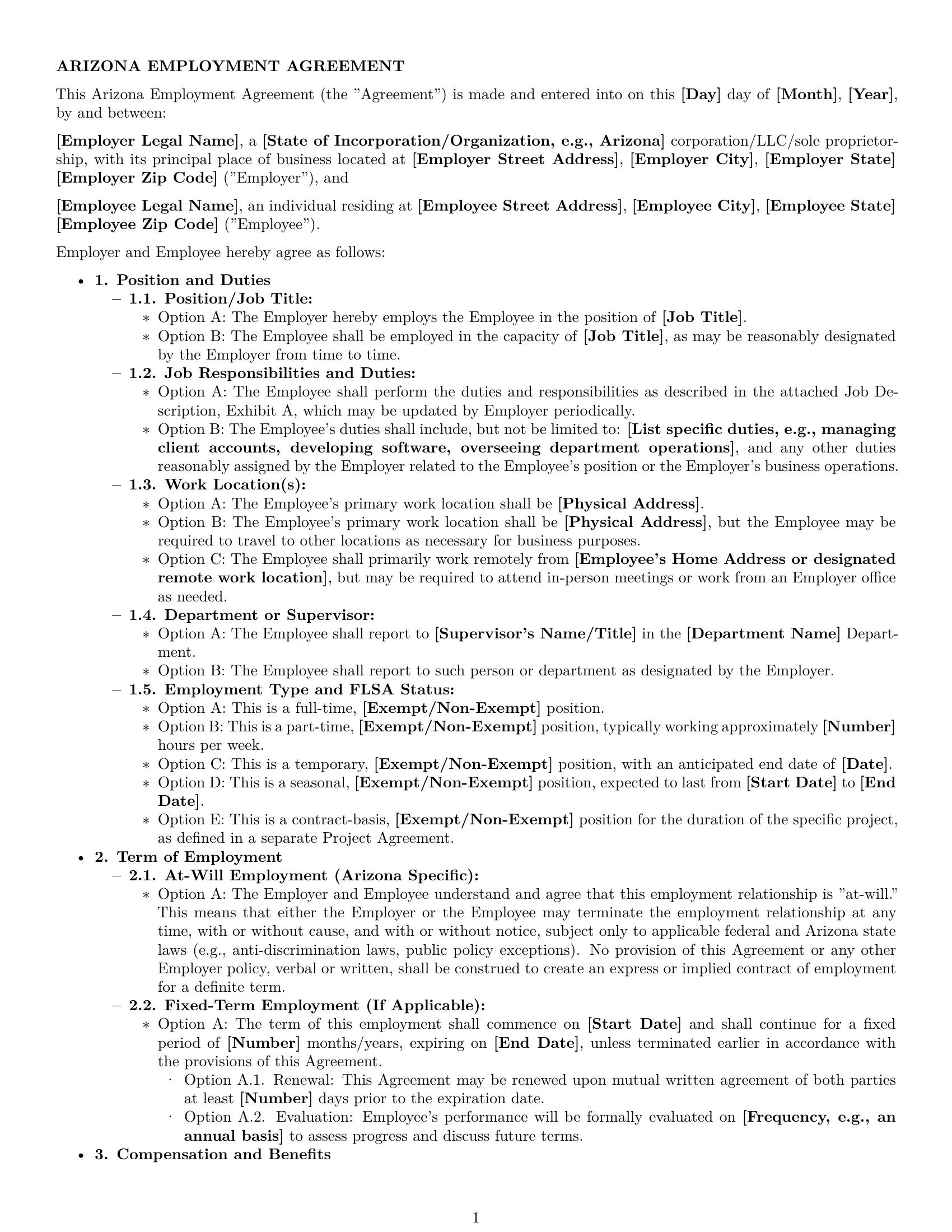 Preview page 1 of Pro Arizona employment contract template