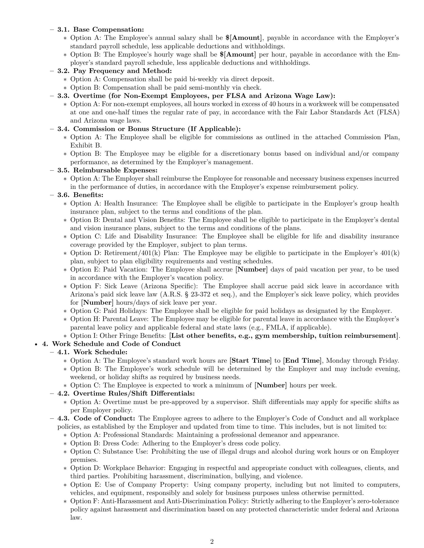 Preview page 2 of Pro Arizona employment contract template