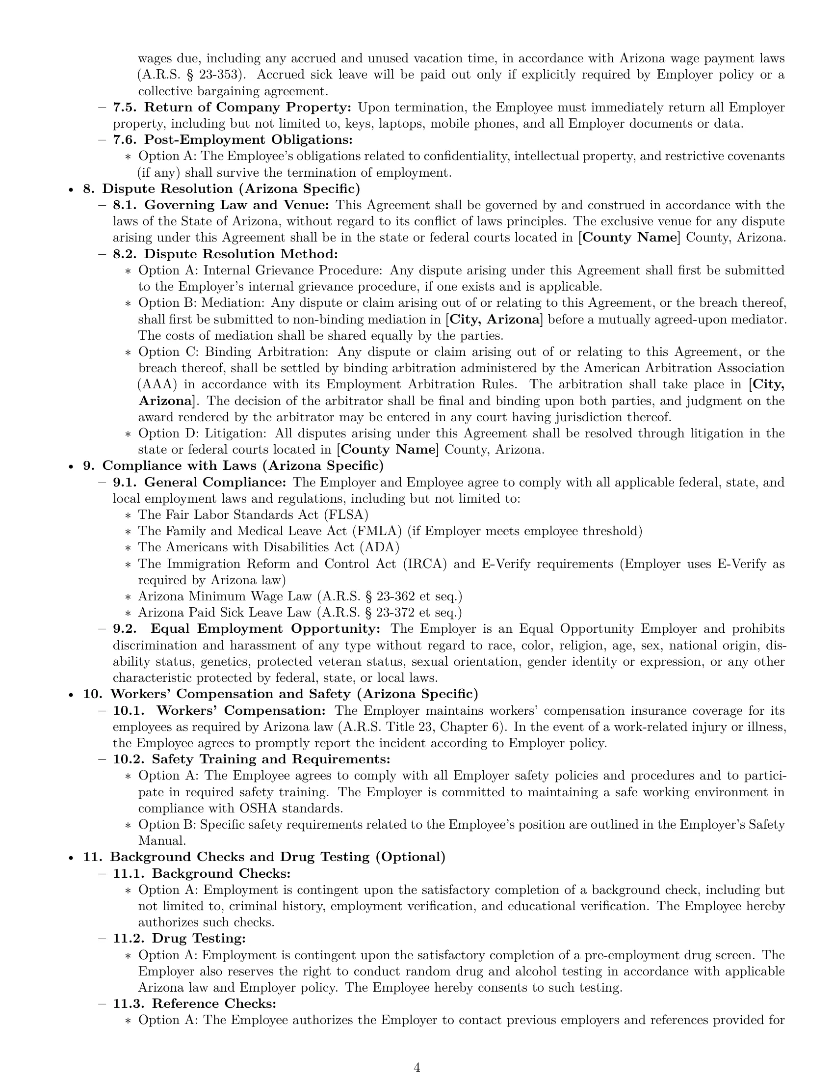 Preview page 4 of Pro Arizona employment contract template