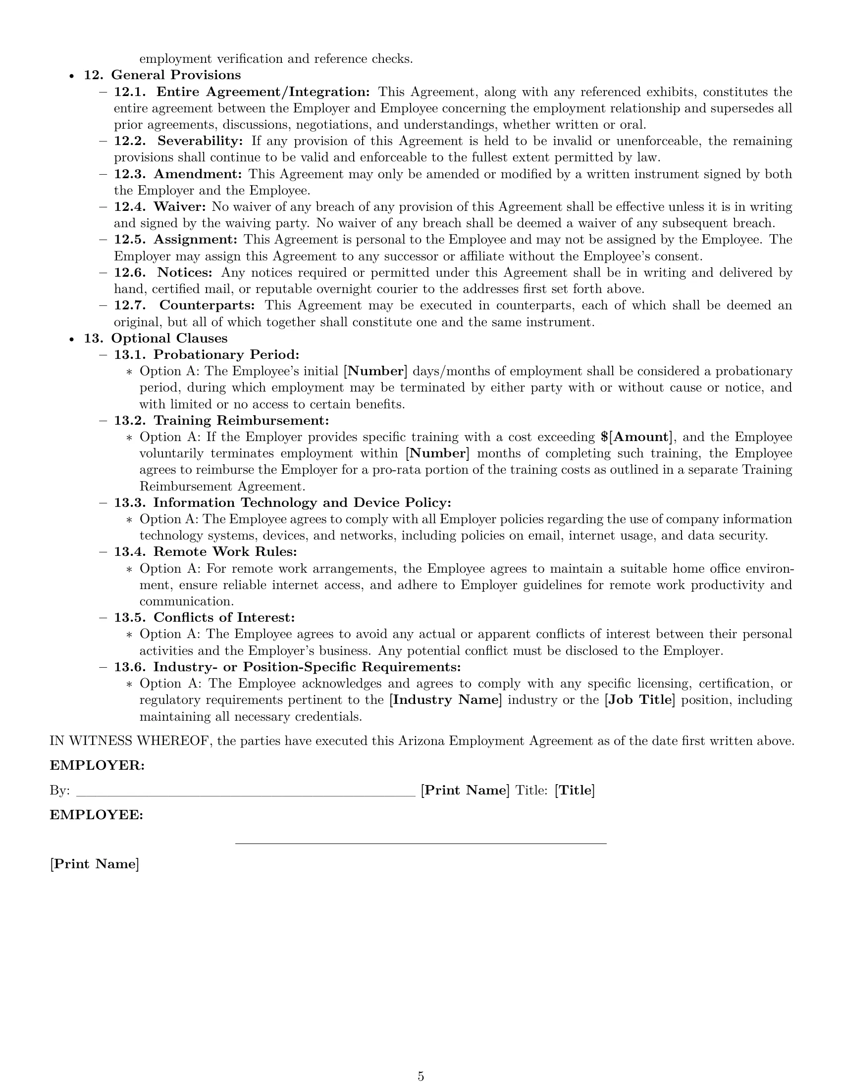 Preview page 5 of Pro Arizona employment contract template