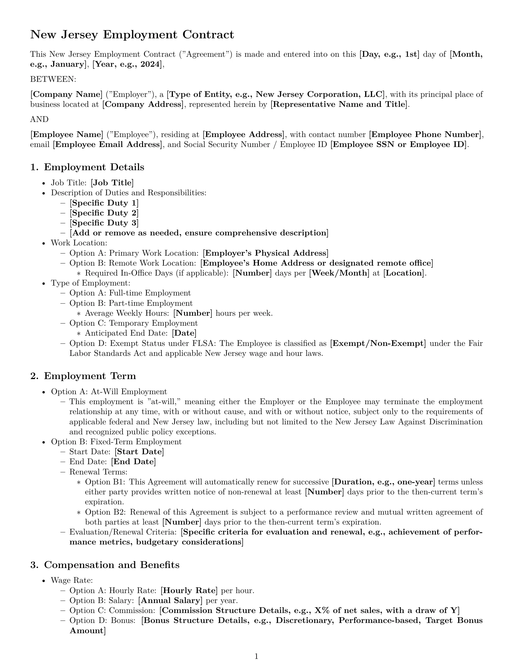 Preview page 1 of Pro New Jersey employment contract template