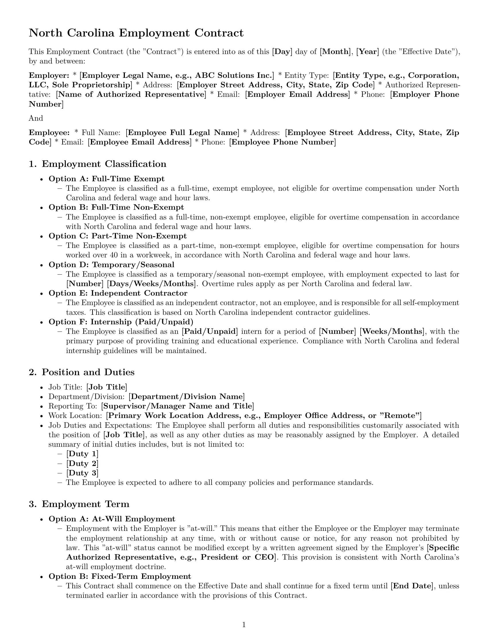 Preview page 1 of Pro North Carolina employment contract template