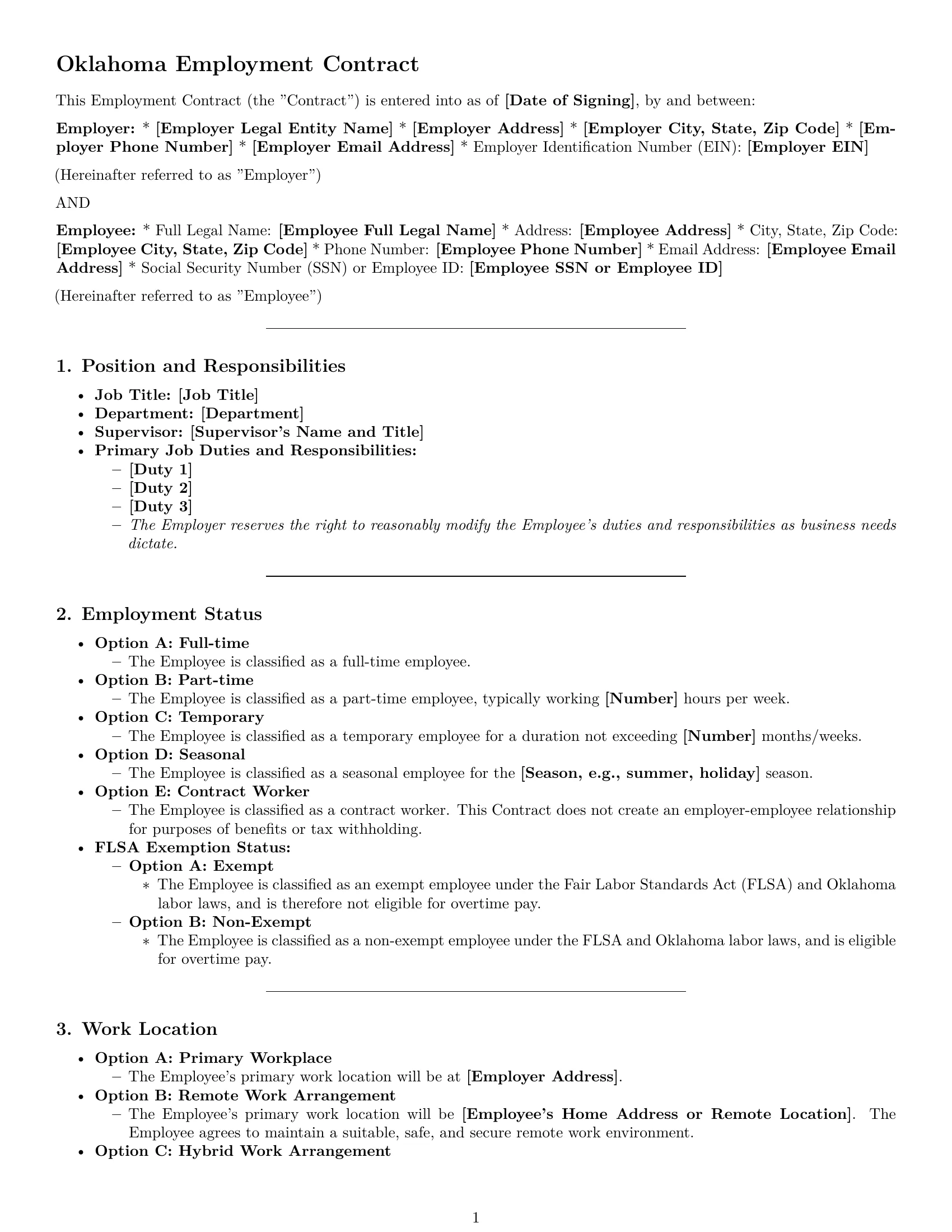 Preview page 1 of Pro Oklahoma employment contract template