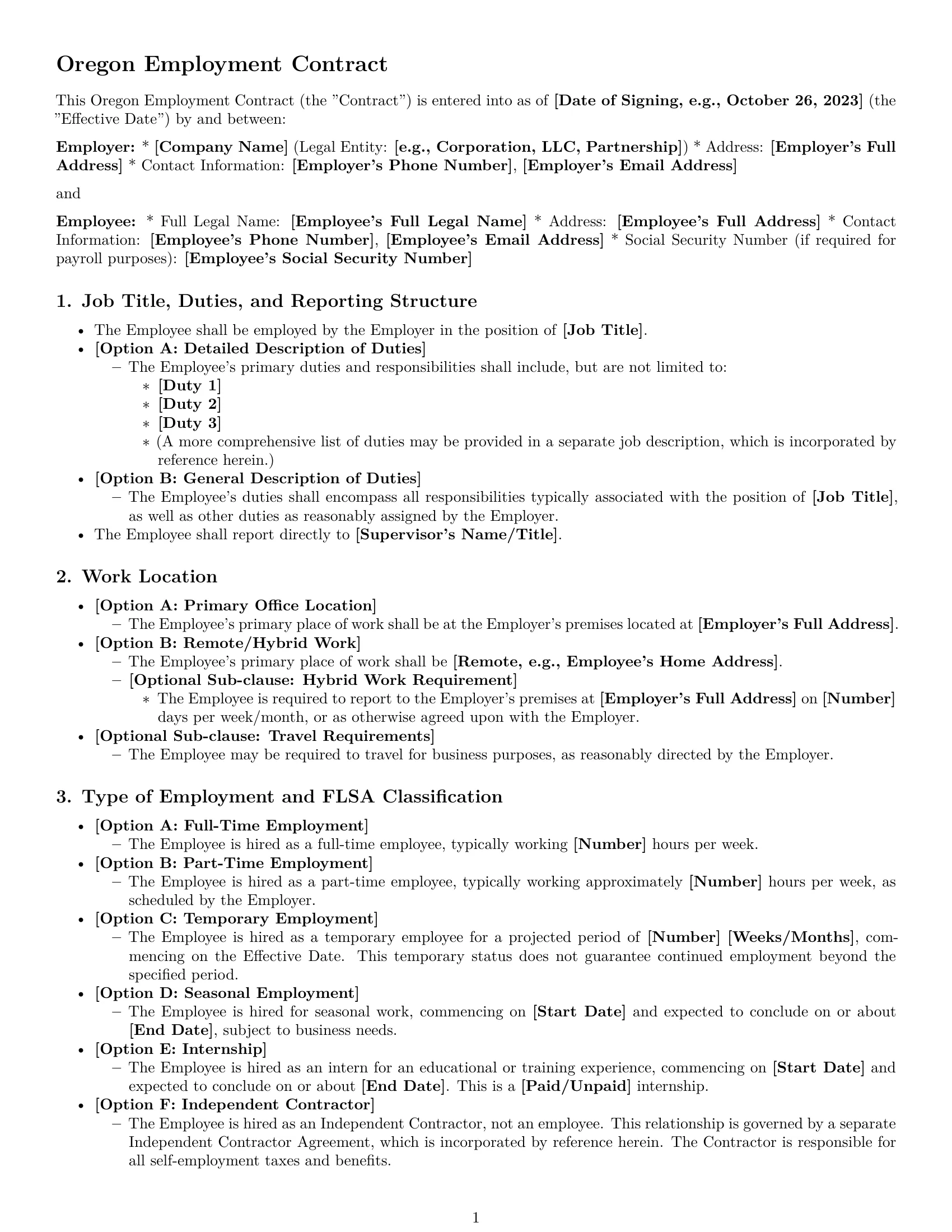 Preview page 1 of Pro Oregon employment contract template
