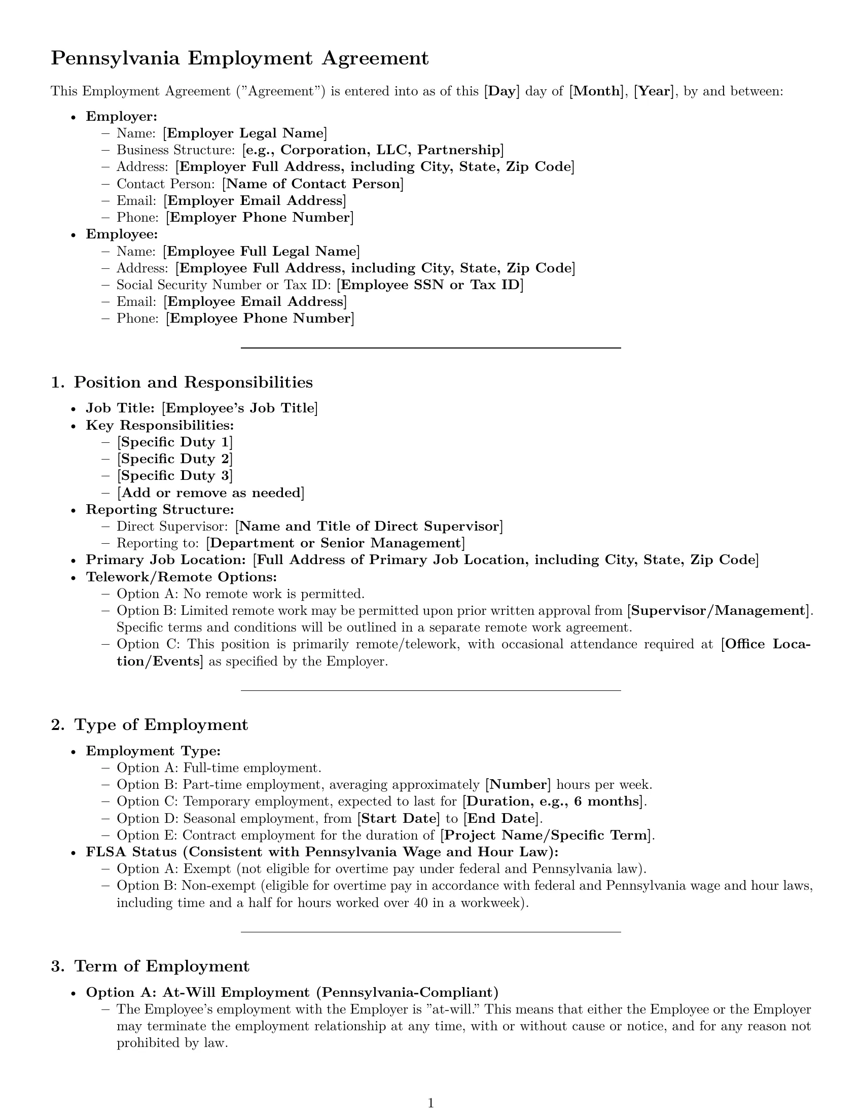 Preview page 1 of Pro Pennsylvania employment contract template