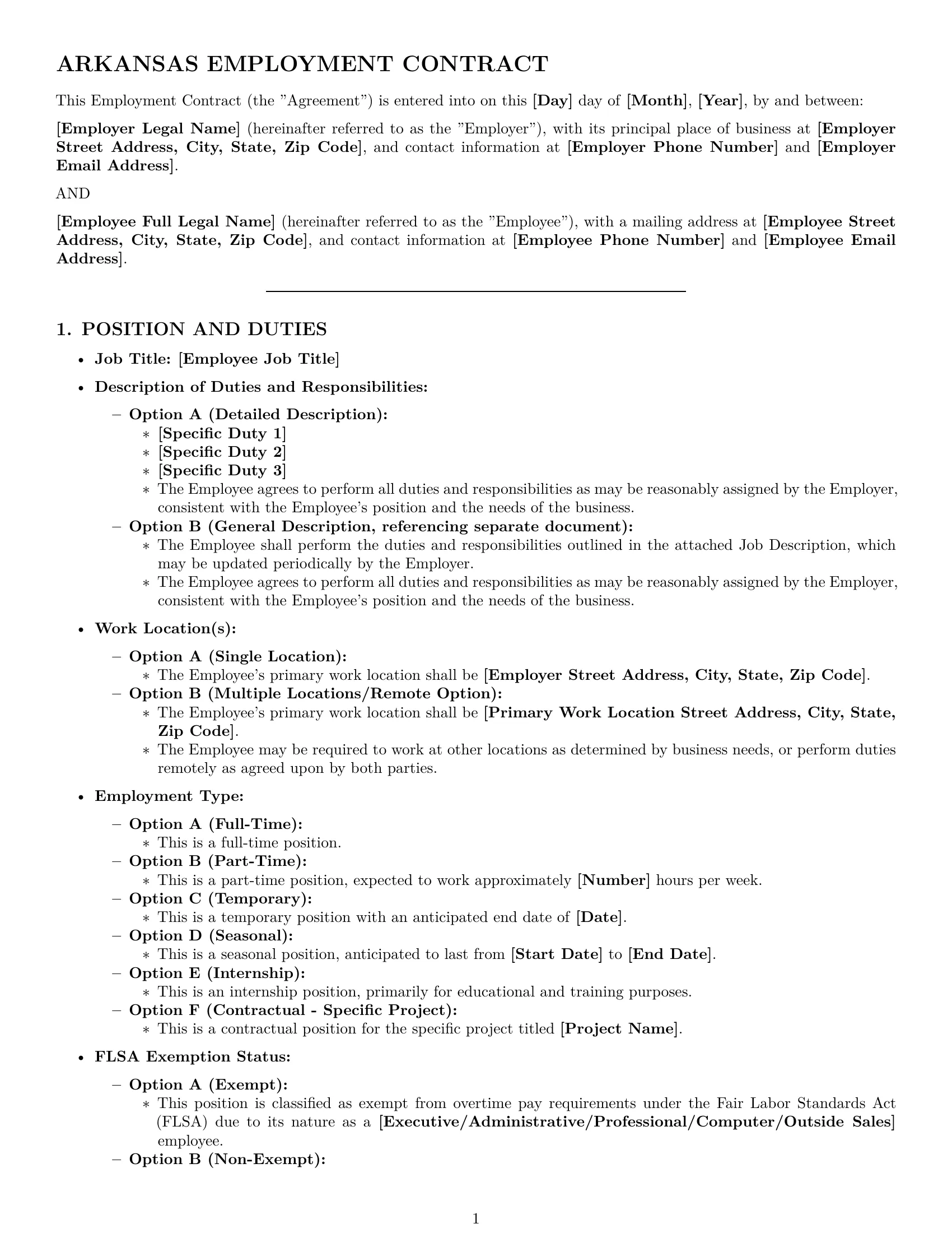 Preview page 1 of Pro Arkansas employment contract template