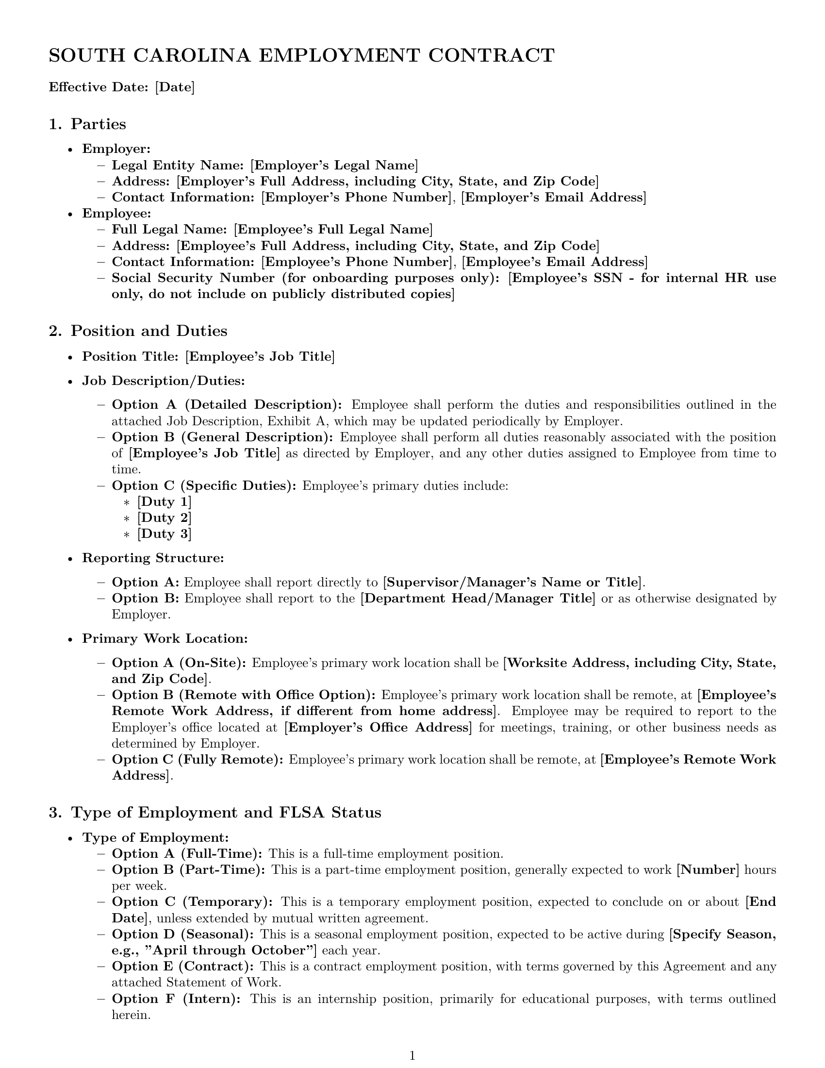 Preview page 1 of Pro South Carolina employment contract template