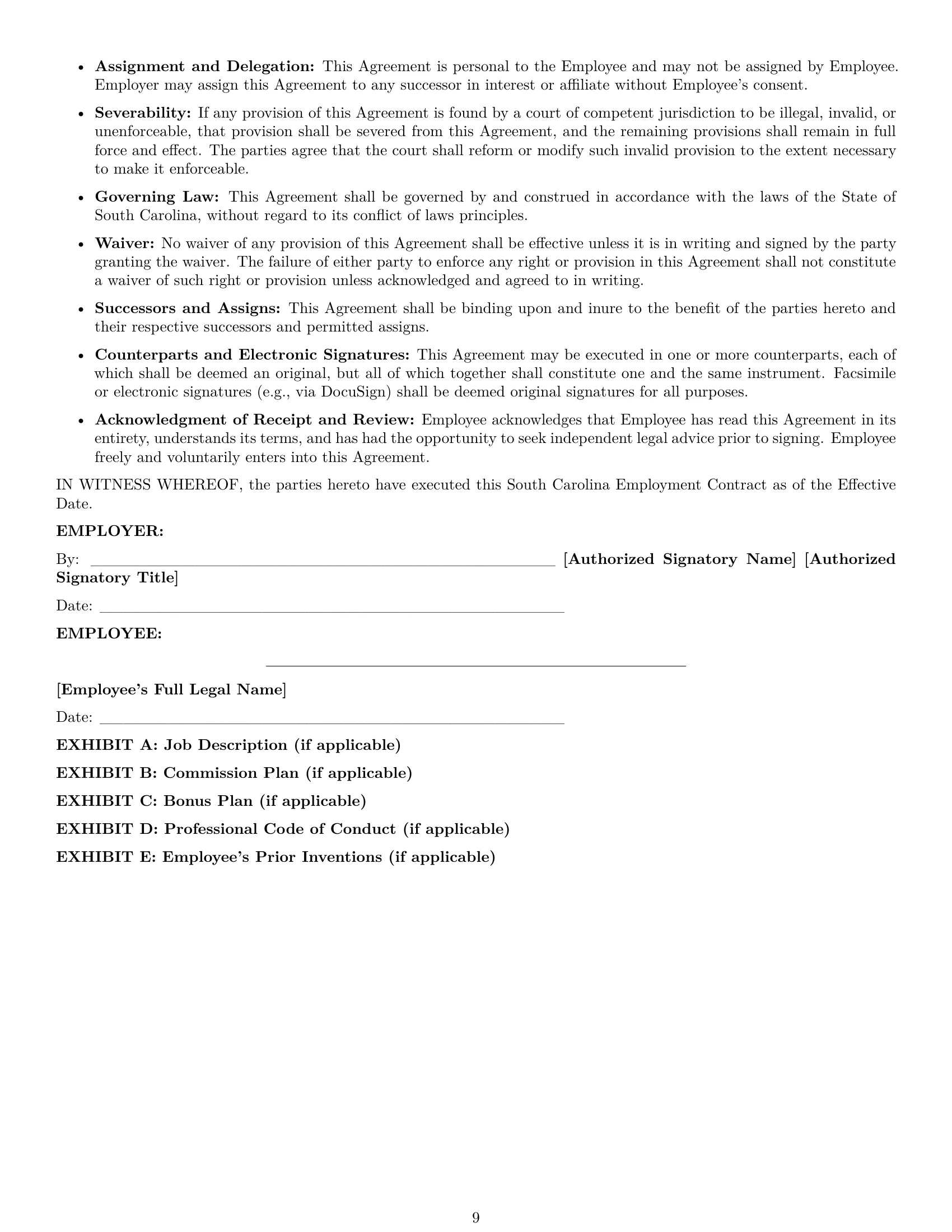 Preview page 9 of Pro South Carolina employment contract template