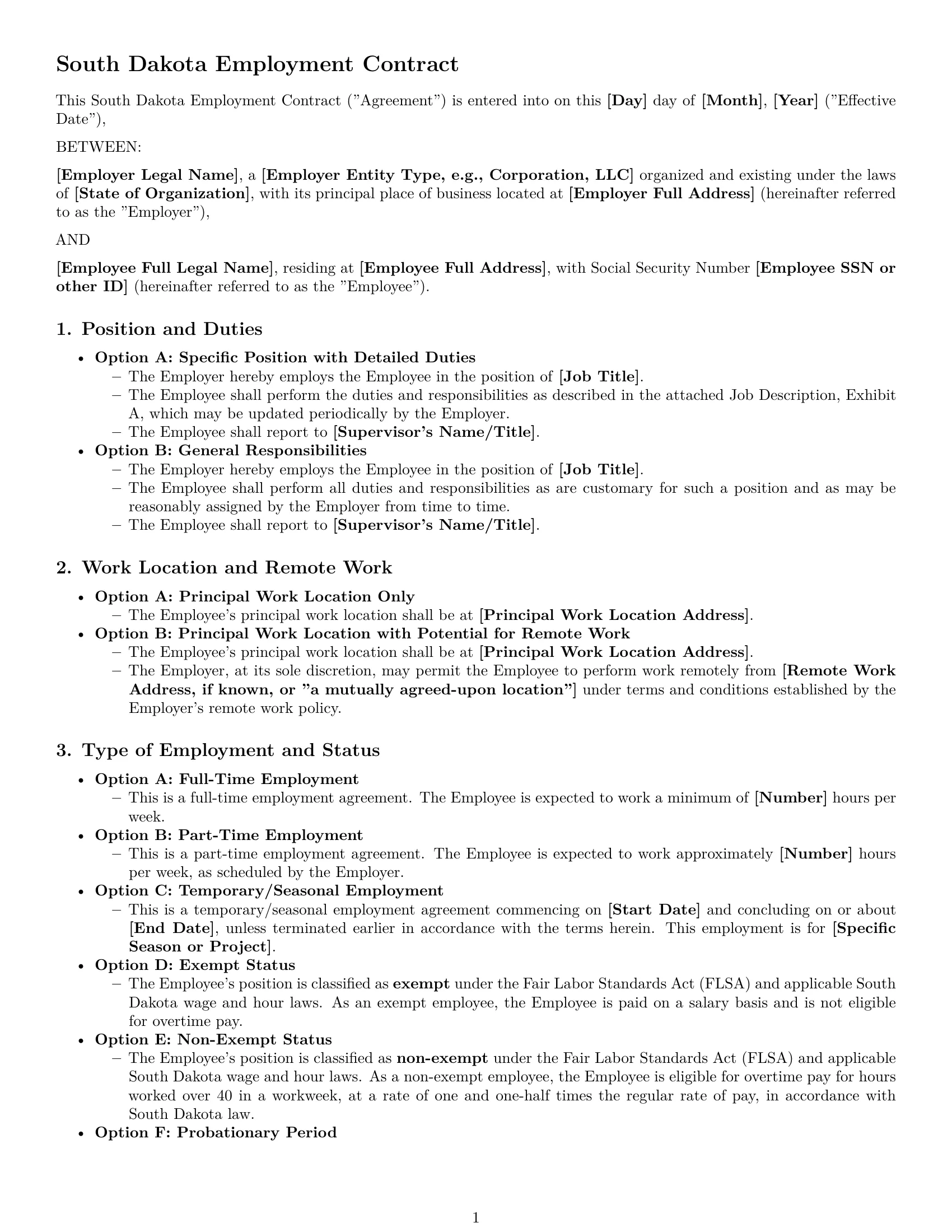 Preview page 1 of Pro South Dakota employment contract template