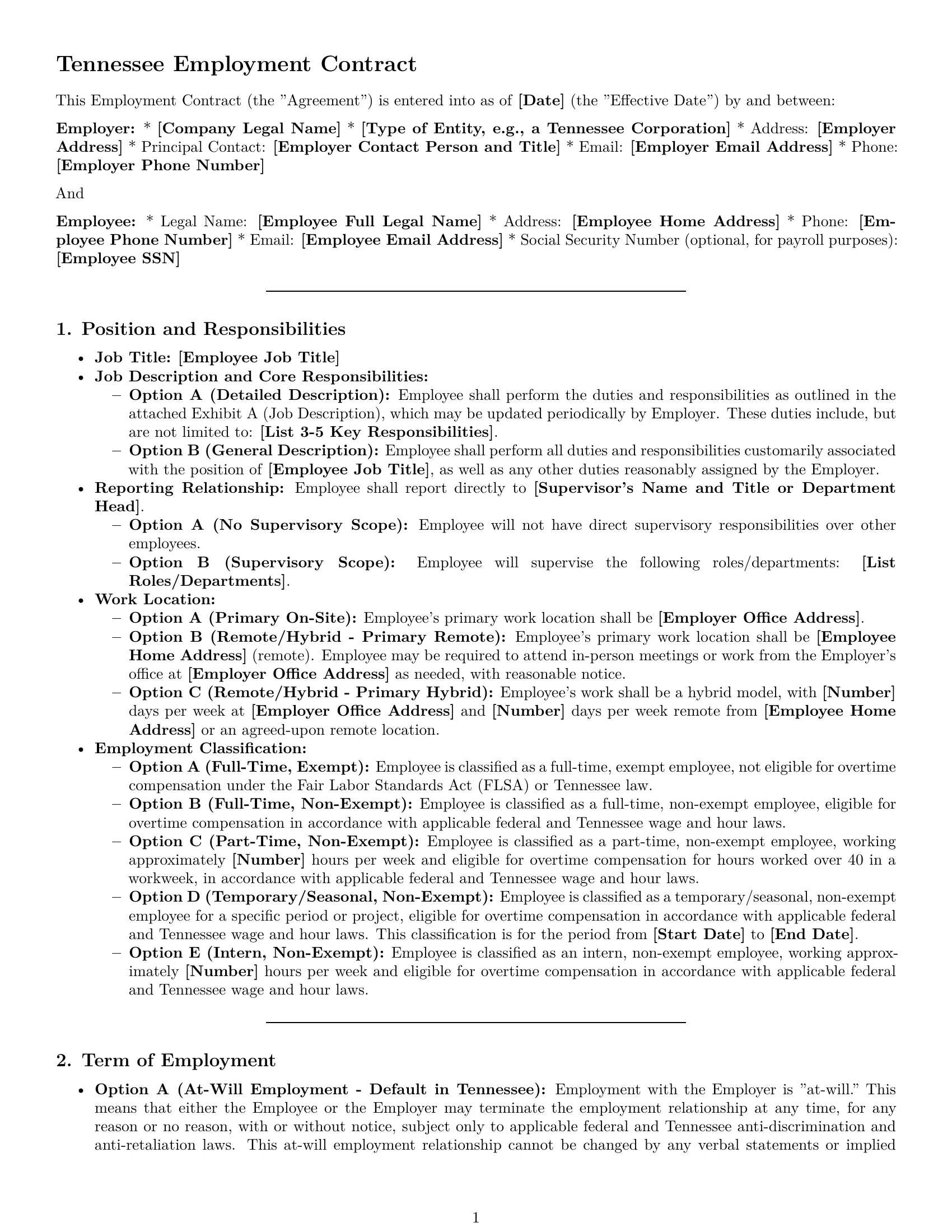 Preview page 1 of Pro Tennessee employment contract template