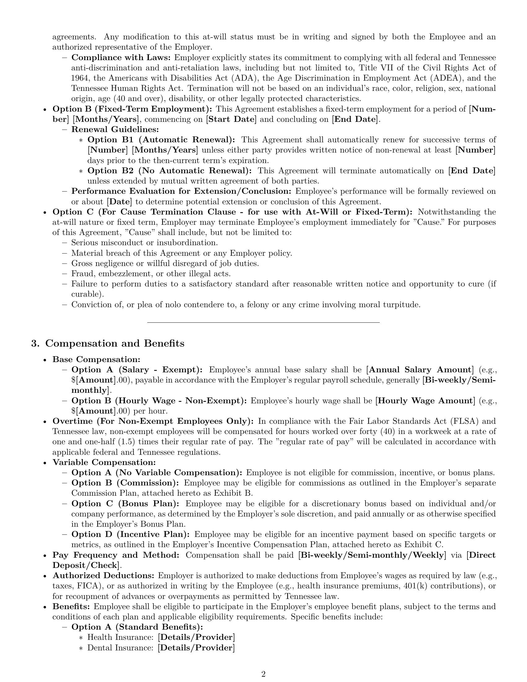 Preview page 2 of Pro Tennessee employment contract template