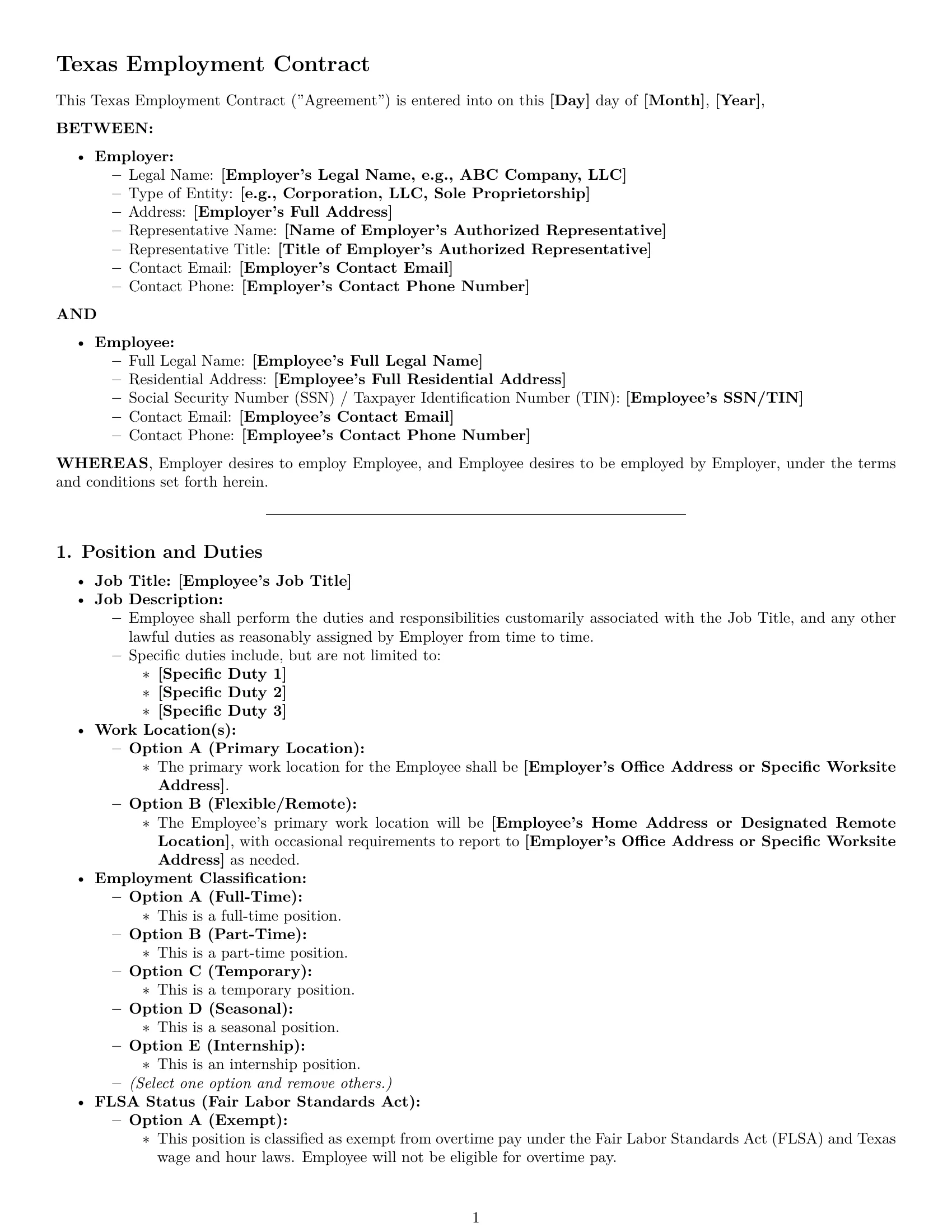 Preview page 1 of Pro Texas employment contract template