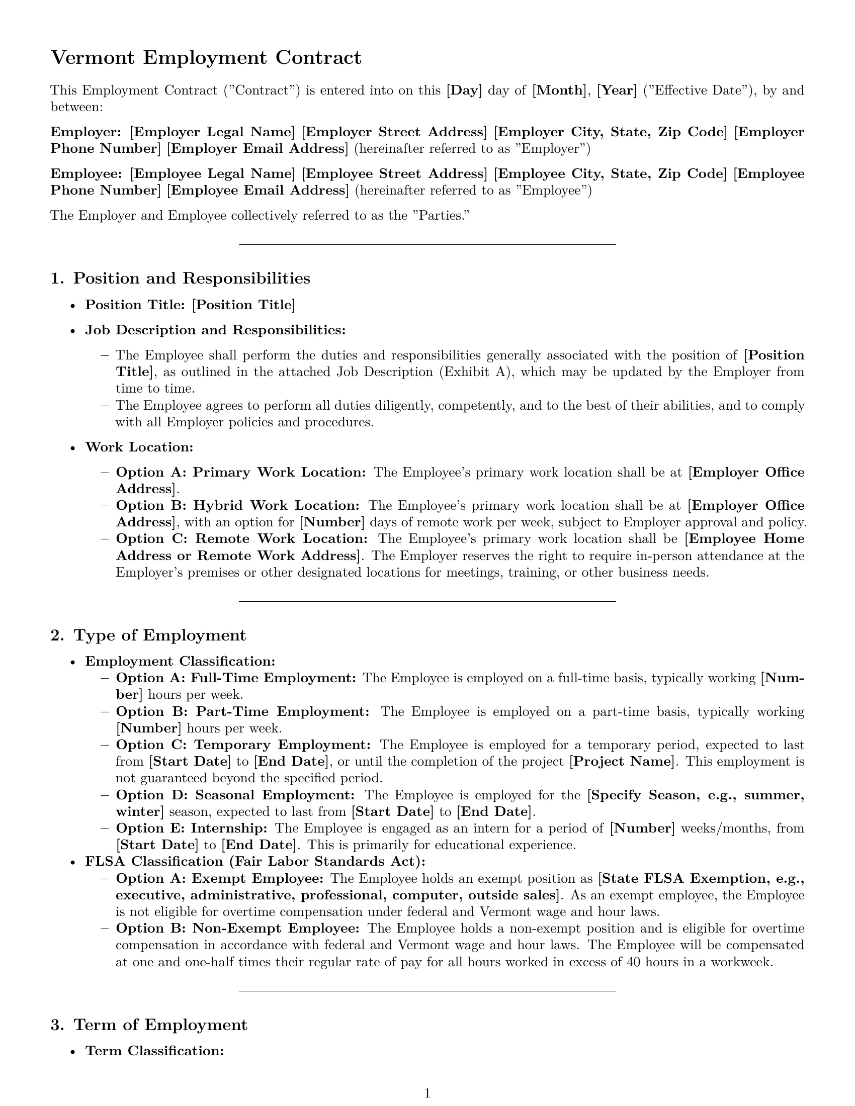 Preview page 1 of Pro Vermont employment contract template