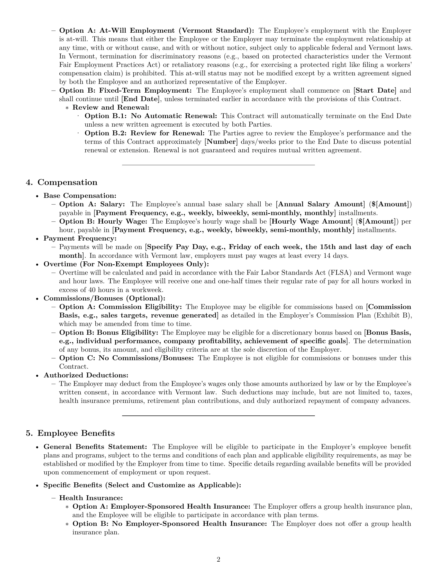Preview page 2 of Pro Vermont employment contract template