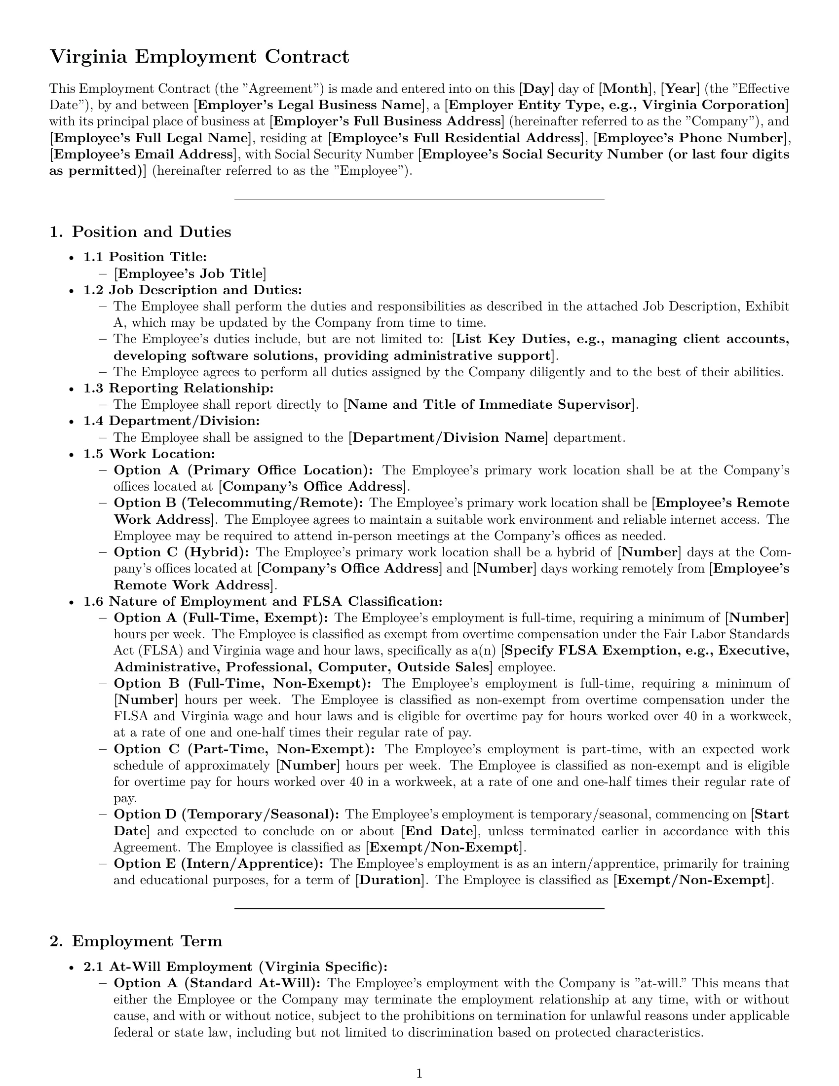 Preview page 1 of Pro Virginia employment contract template
