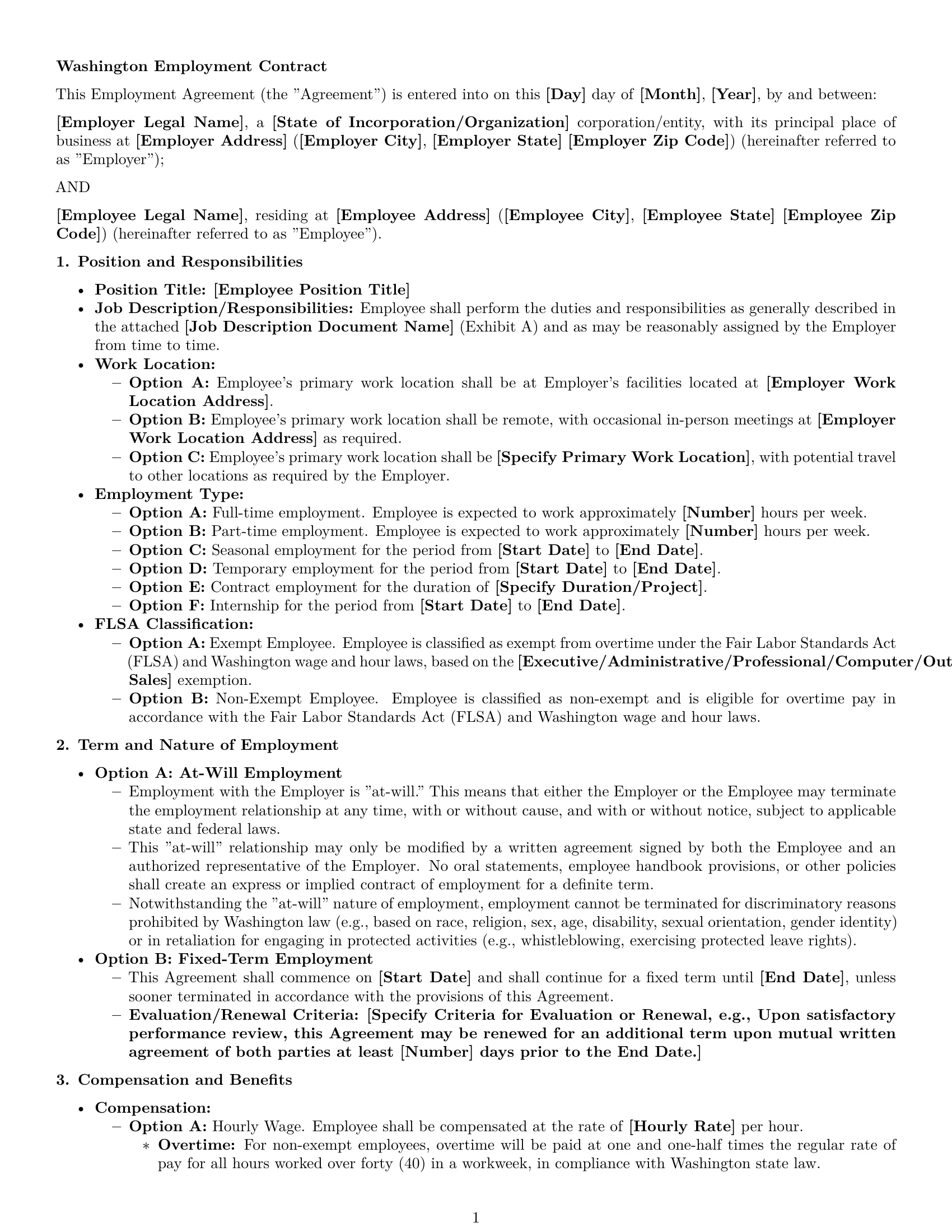 Preview page 1 of Pro Washington employment contract template