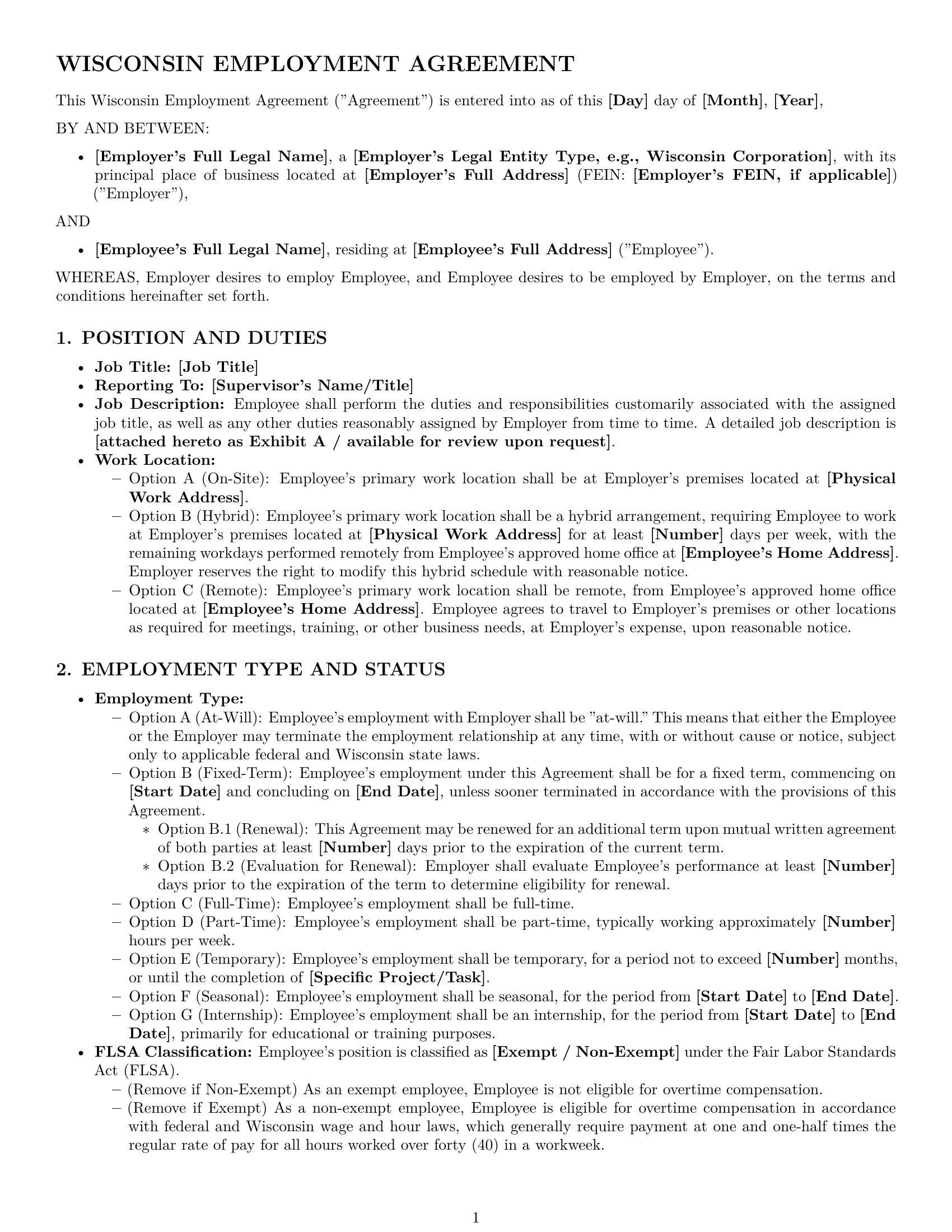 Preview page 1 of Pro Wisconsin employment contract template