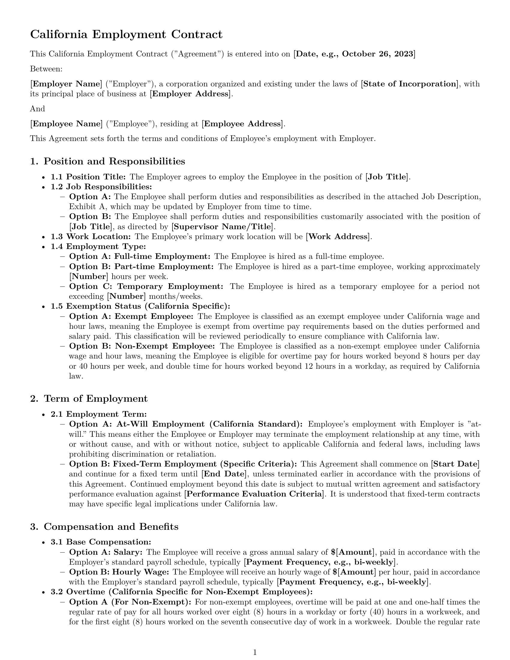 Preview page 1 of Pro California employment contract template