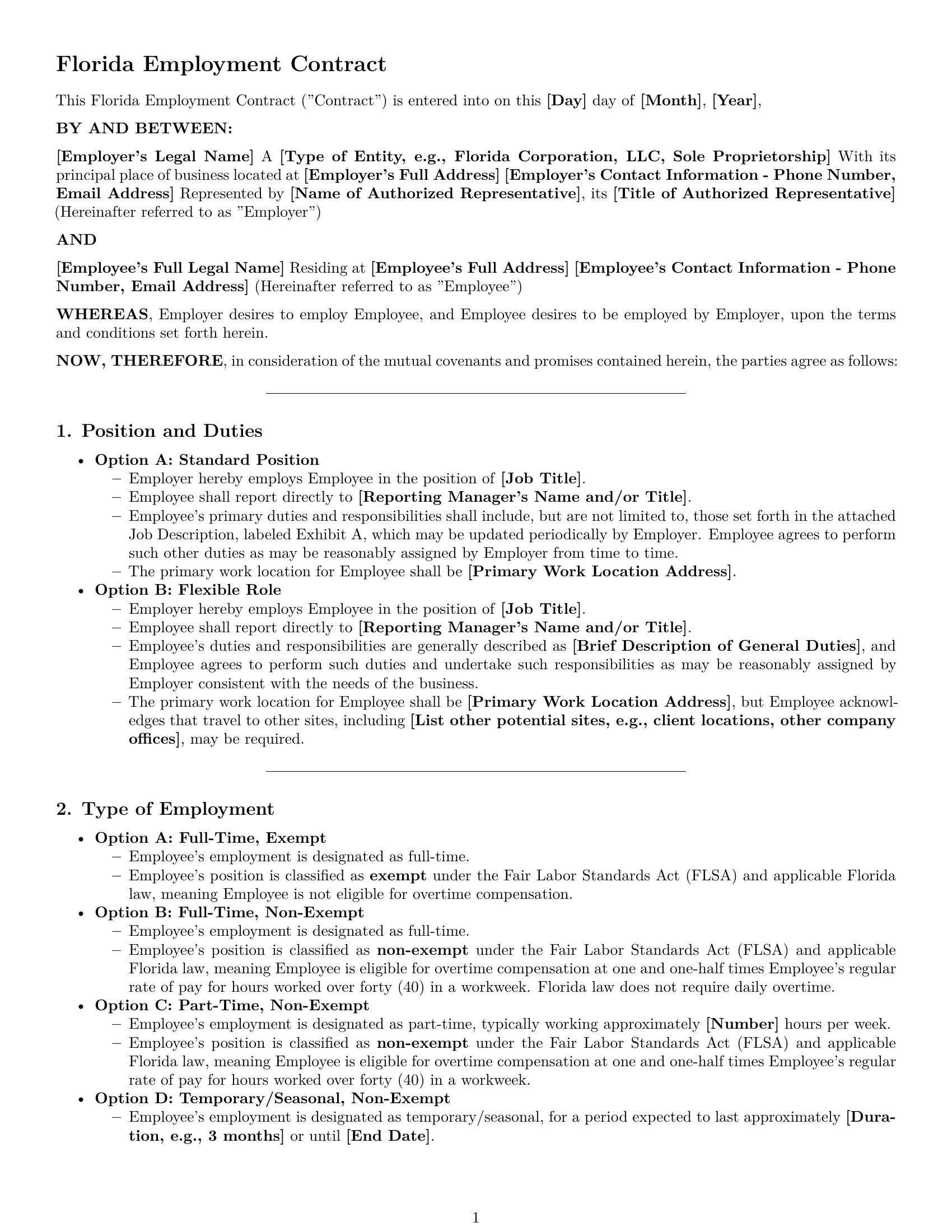 Preview page 1 of Pro Florida employment contract template