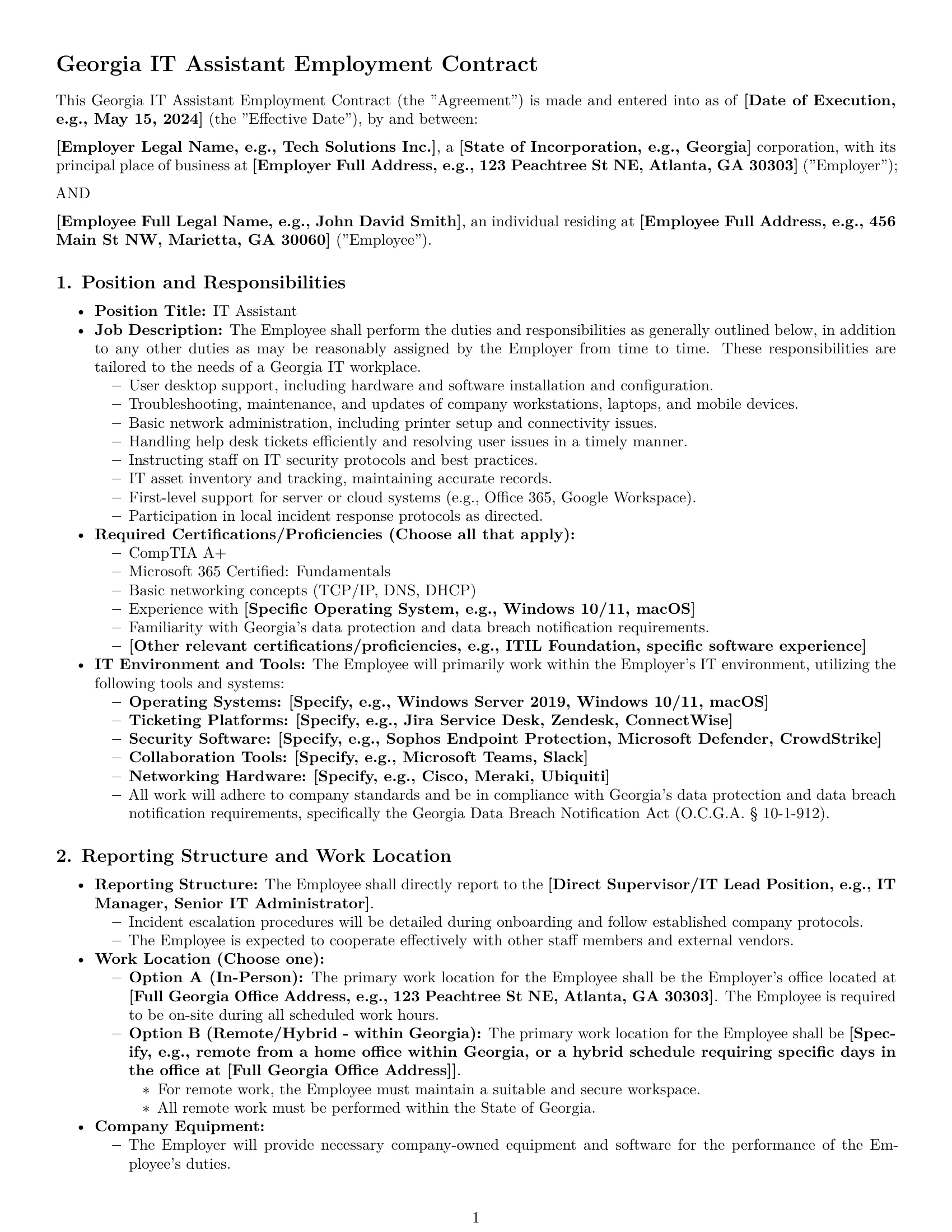 Preview page 1 of Pro Georgia IT assistant employment contract template