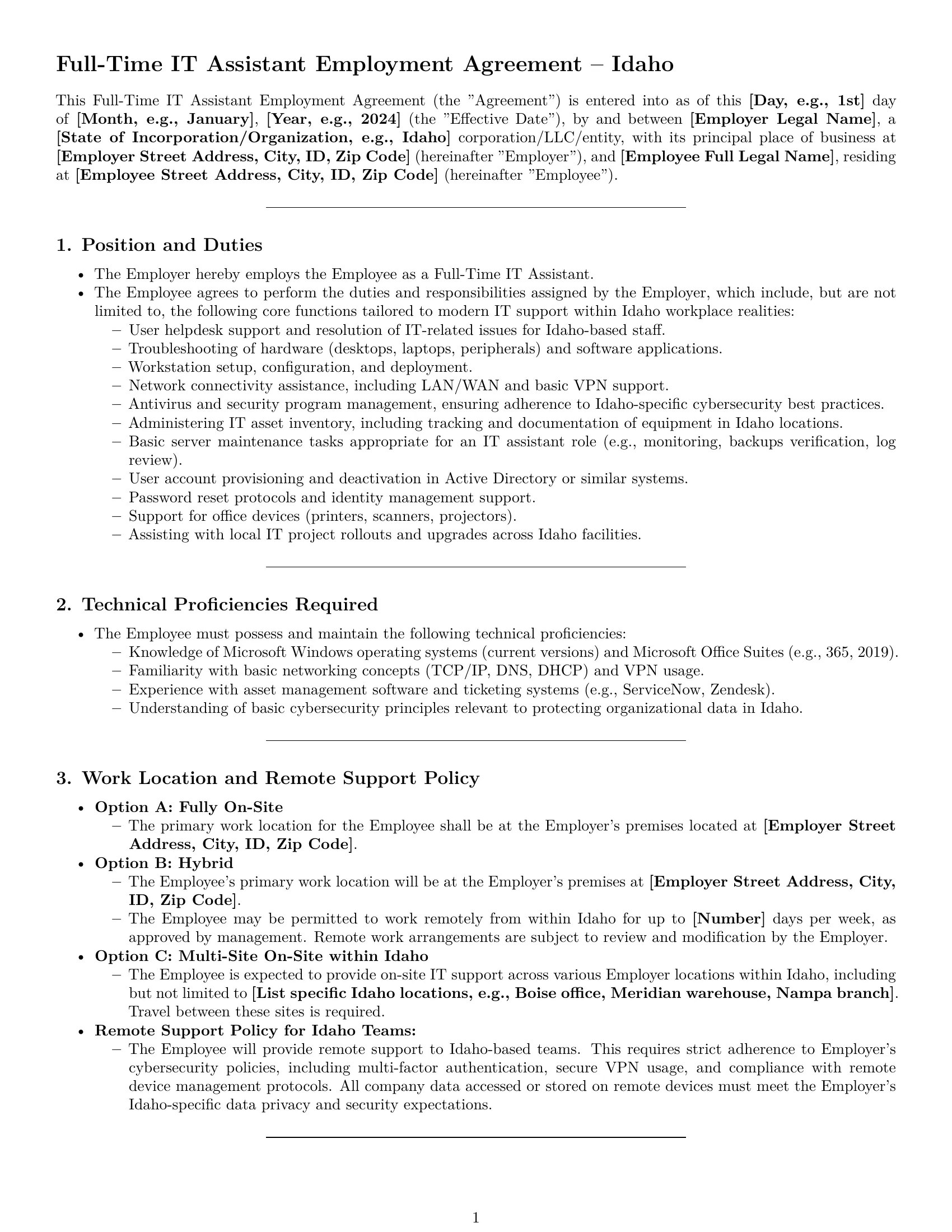 Preview page 1 of Pro Idaho IT assistant employment contract template