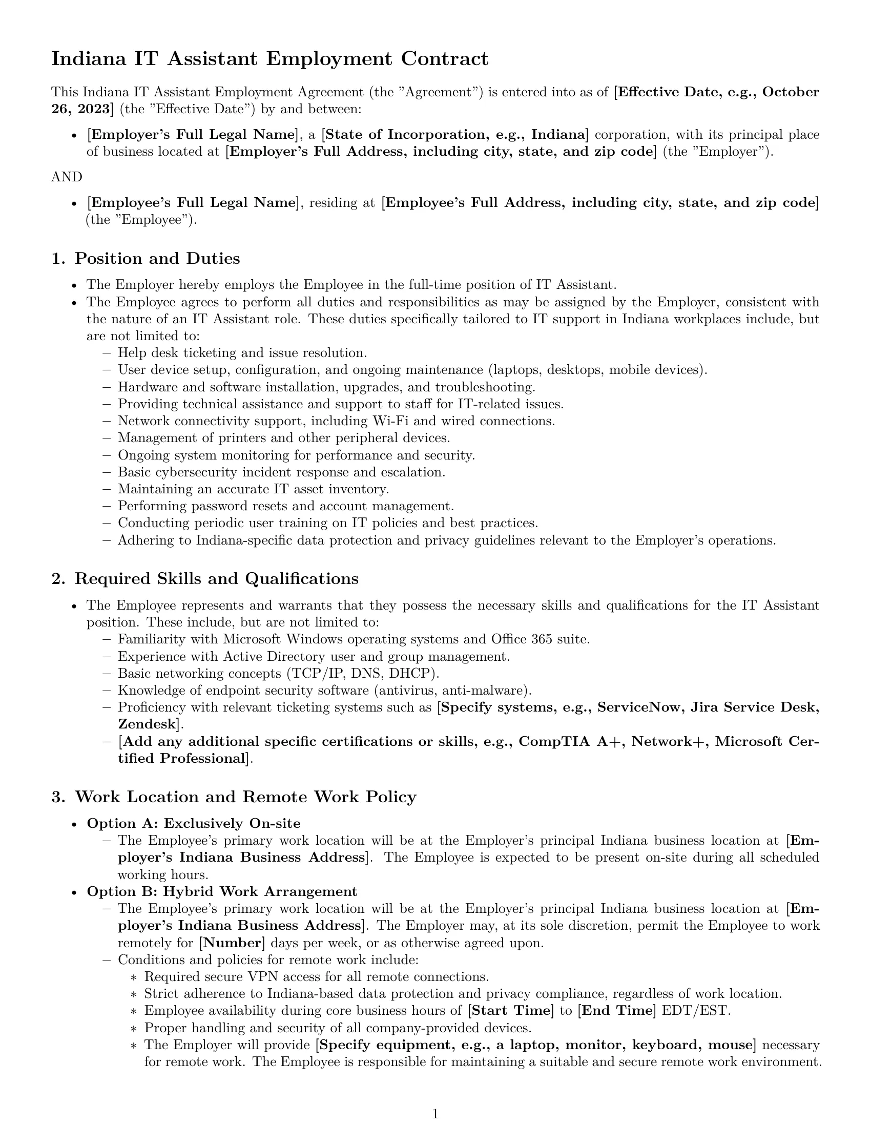 Preview page 1 of Pro Indiana IT assistant employment contract template